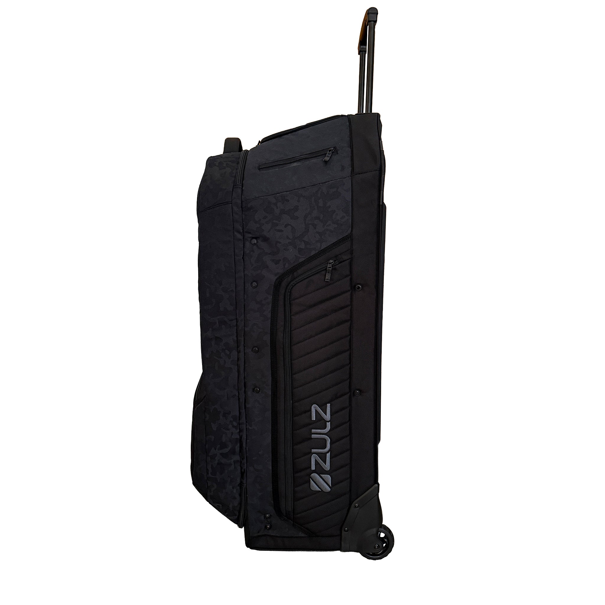 Black Camo rolling gearbag on a white background