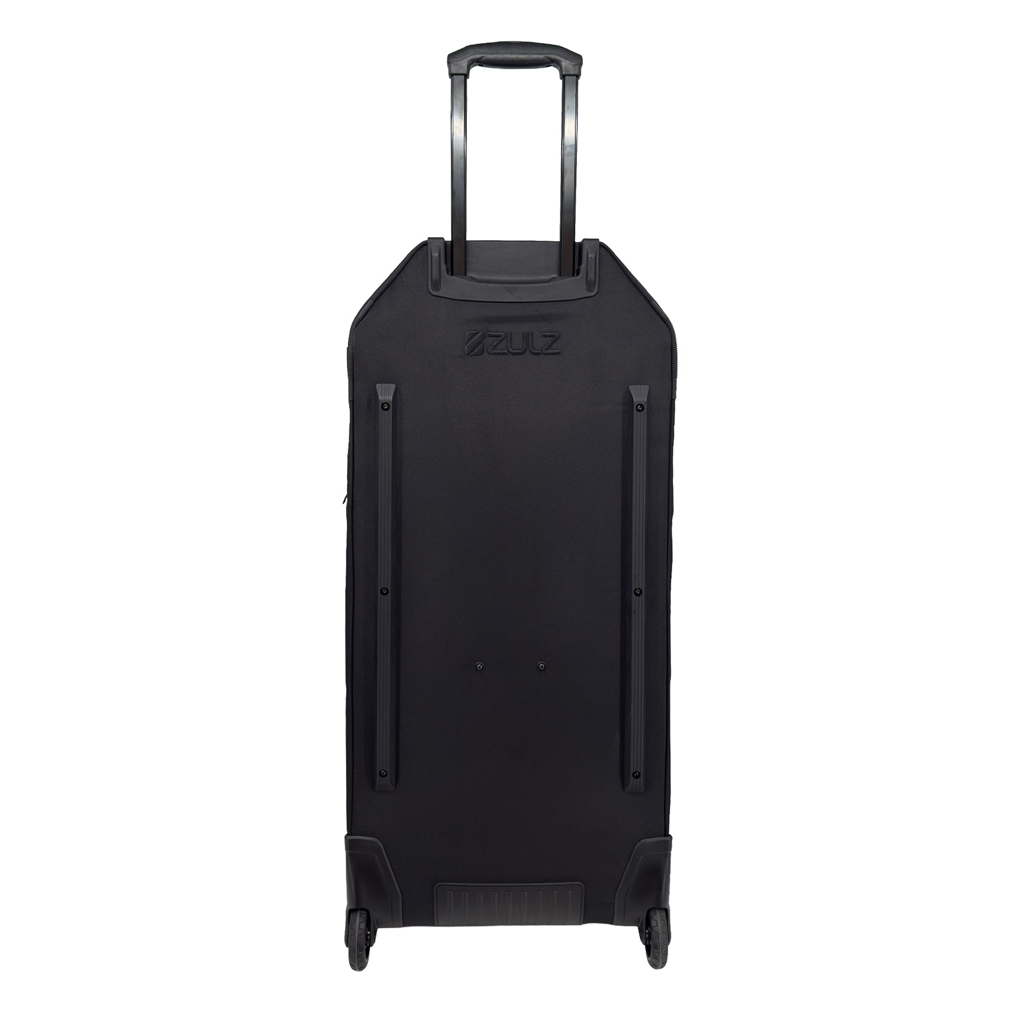 Back side of a black rolling gearbag on a white background