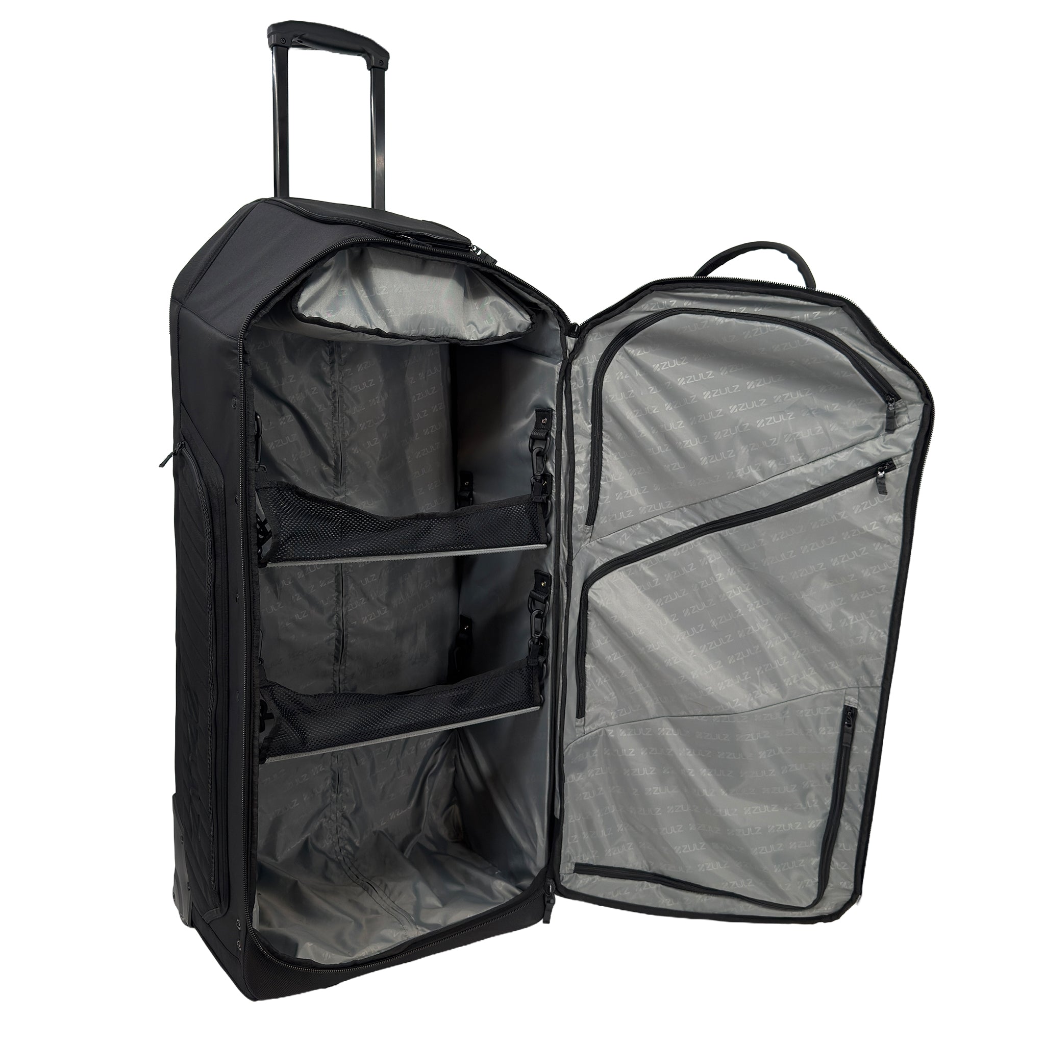 Black rolling gearbag open showing pockets and shelves on a white background