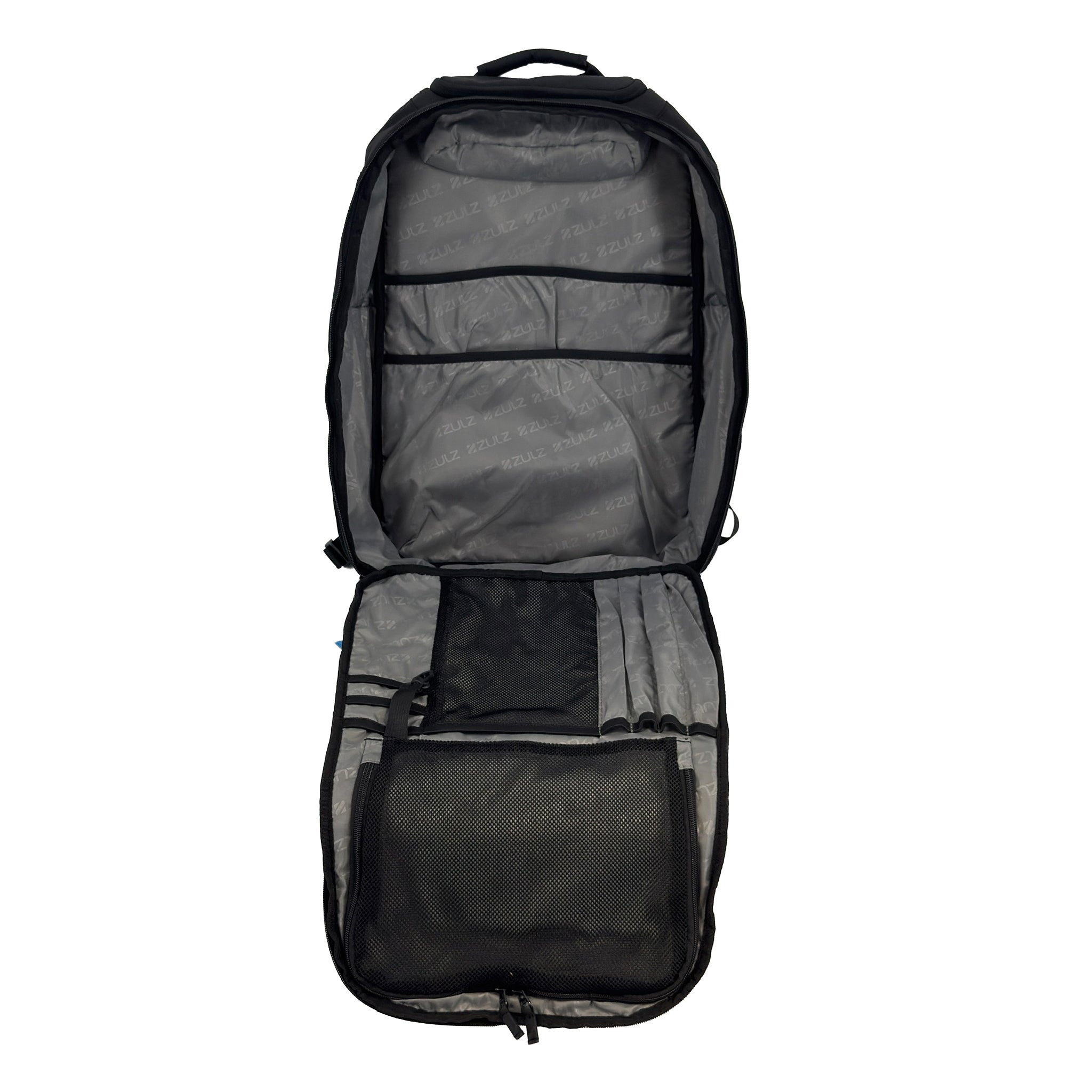 Black backpack with multiple compartments on a white background