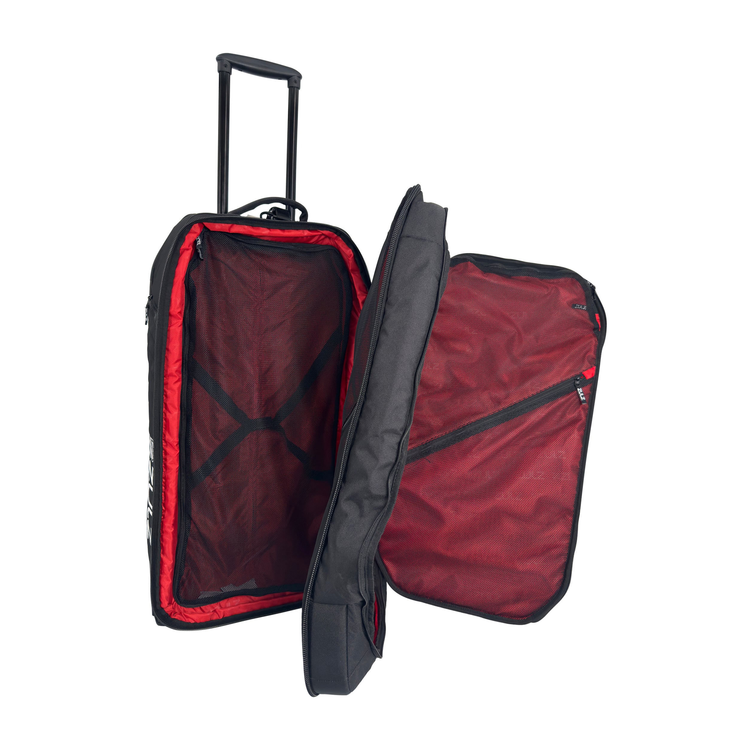 Black suitcase with red interior open suitcase on a white background