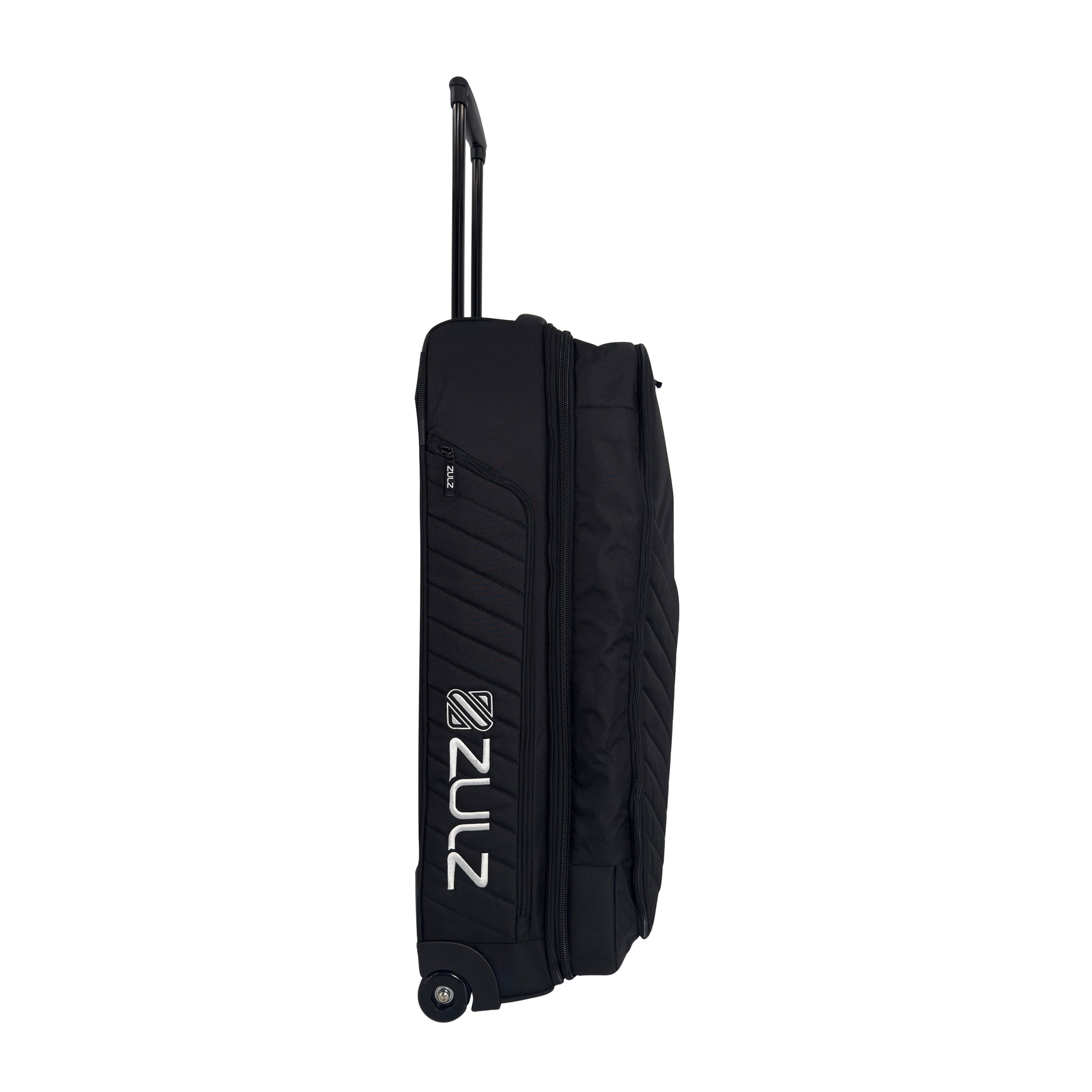 Black rolling suitcase with Zulz logo on a white background