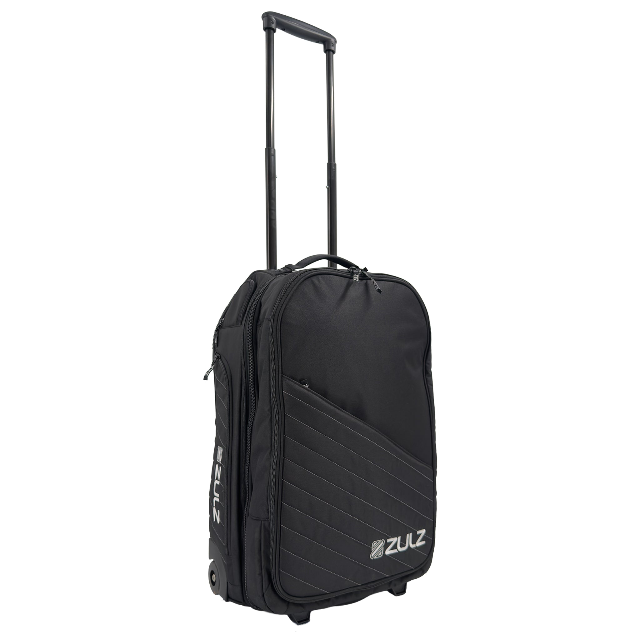 Black suitcase with silver stitching and ZULZ on a white background