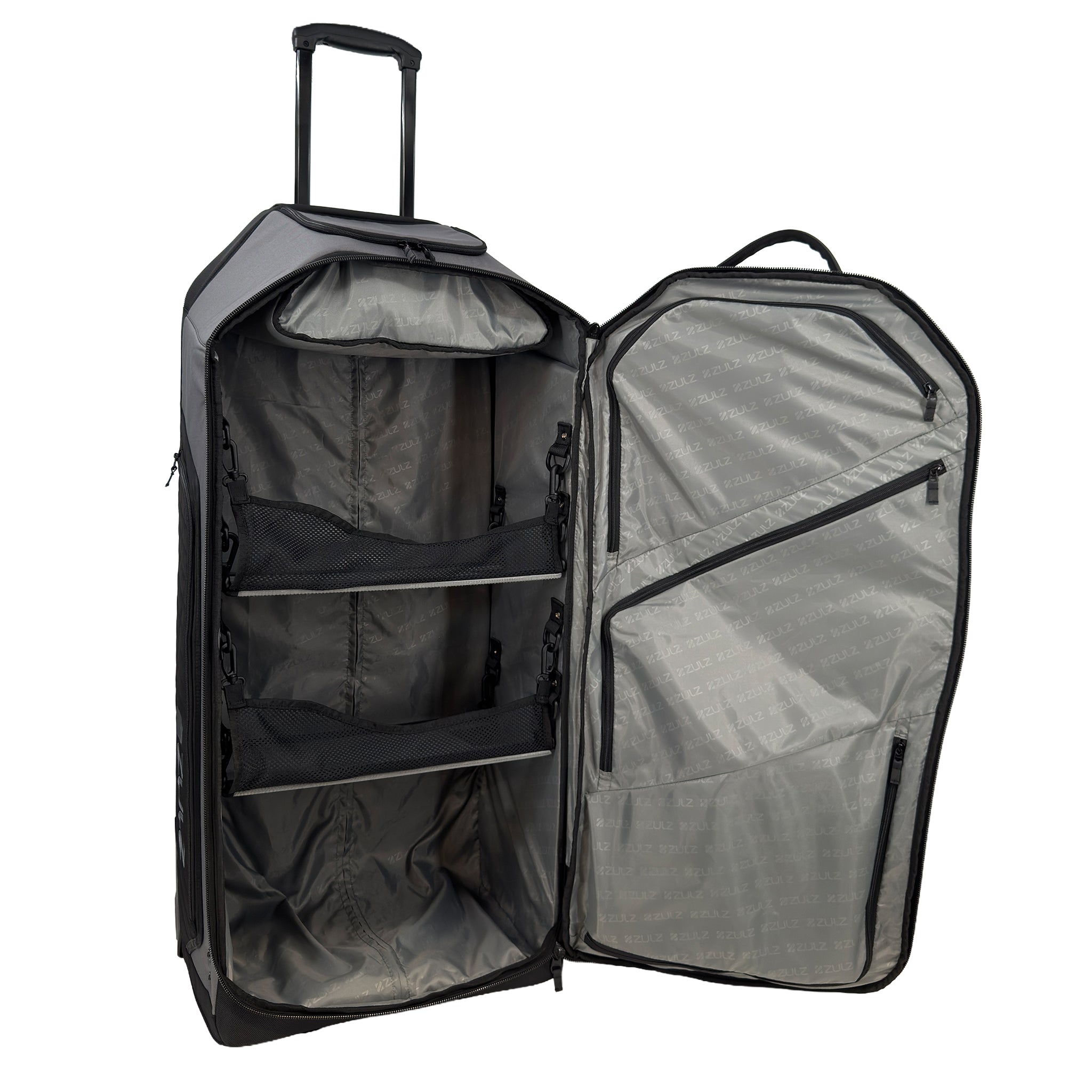 Cool Gray rolling gearbag on a white background