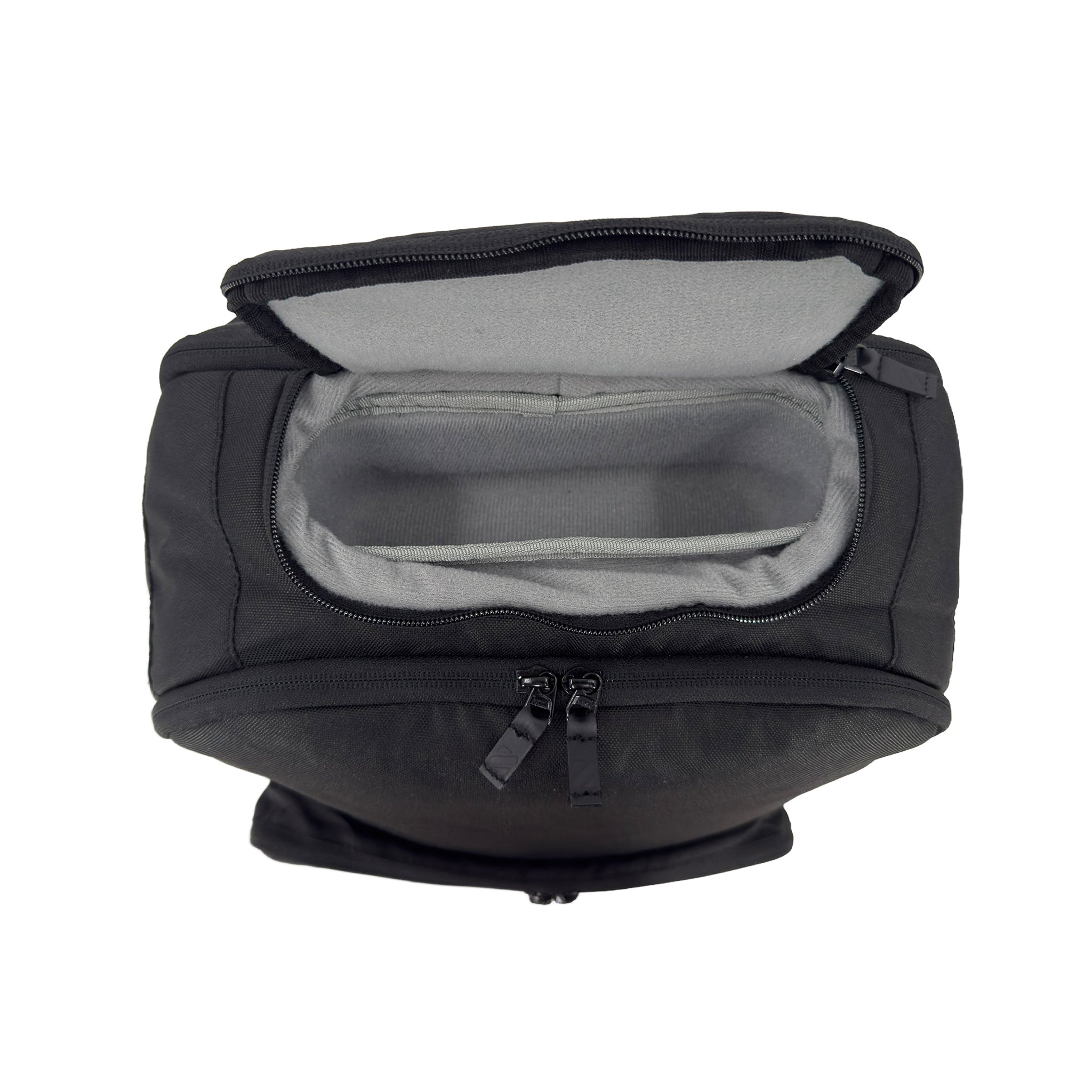 Black backpack with open lid showing gray interior on a white background