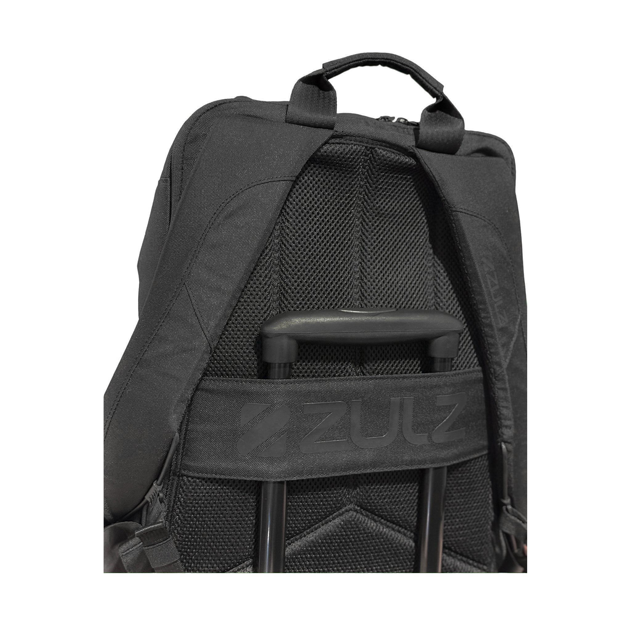 Black backpack with visible brand logo on a white background
