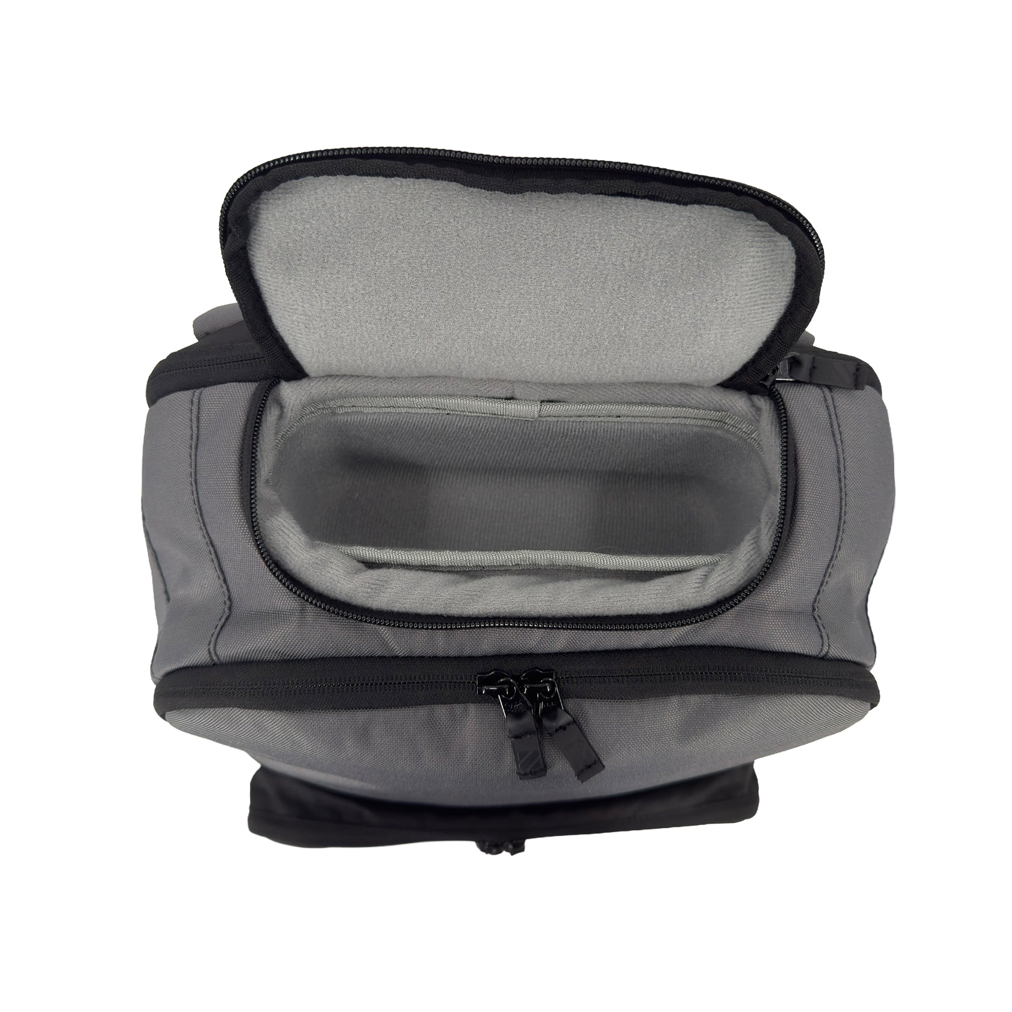 Gray backpack with open top compartment on a white background