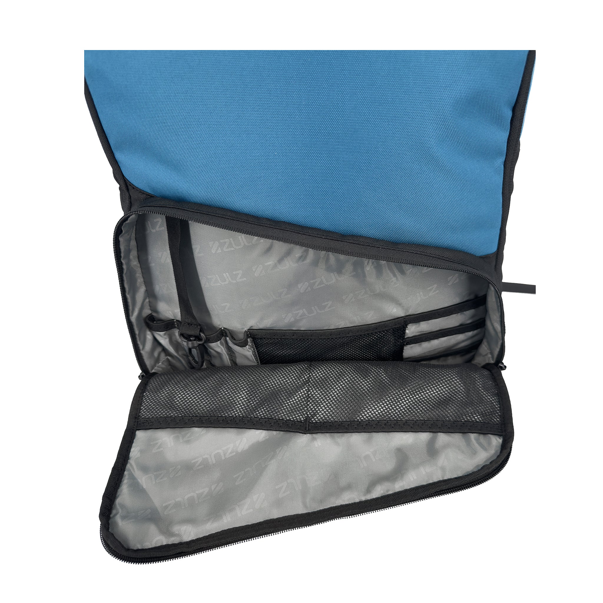 Blue backpack with open front compartment showing gray interior