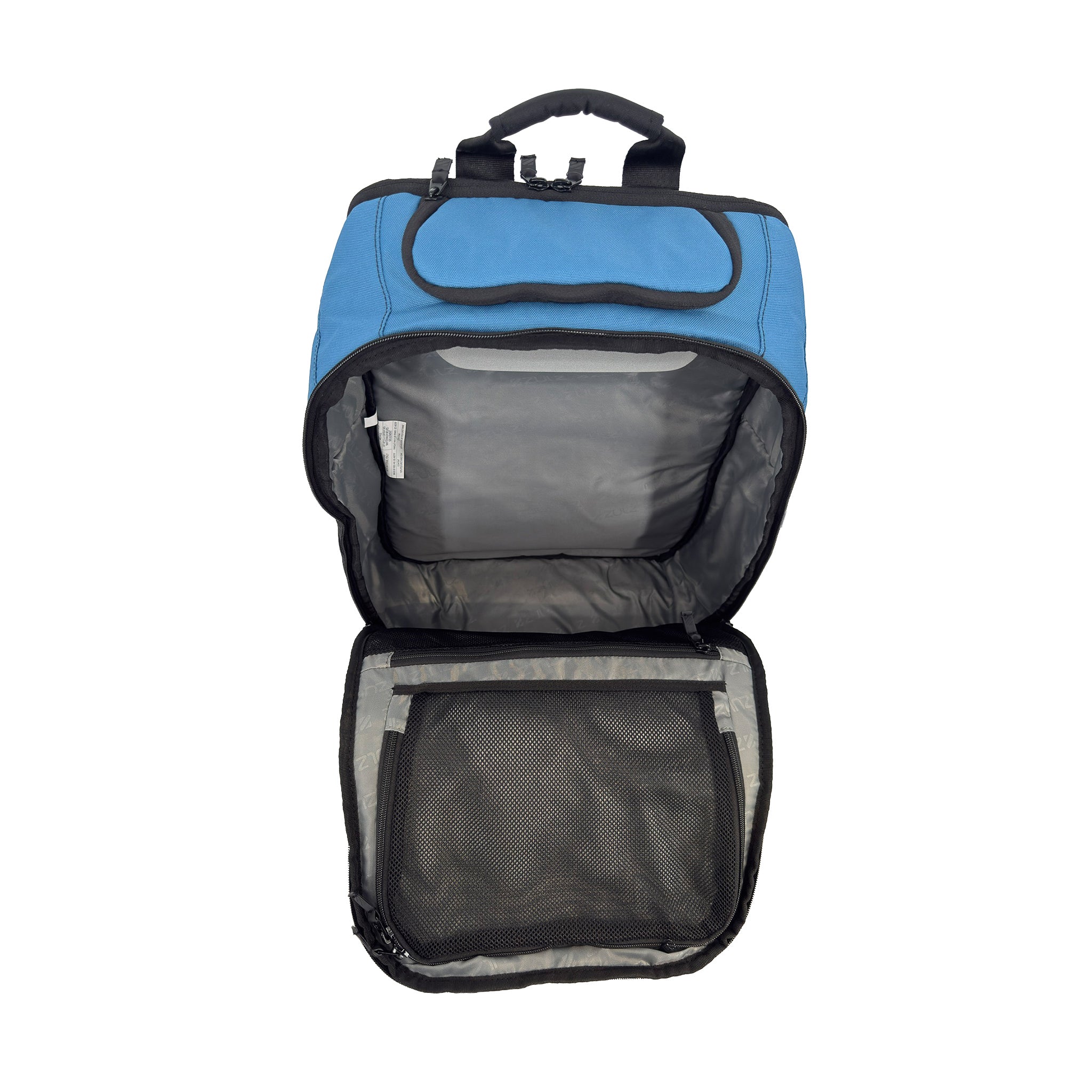 Blue and black backpack with main compartment open on a white background