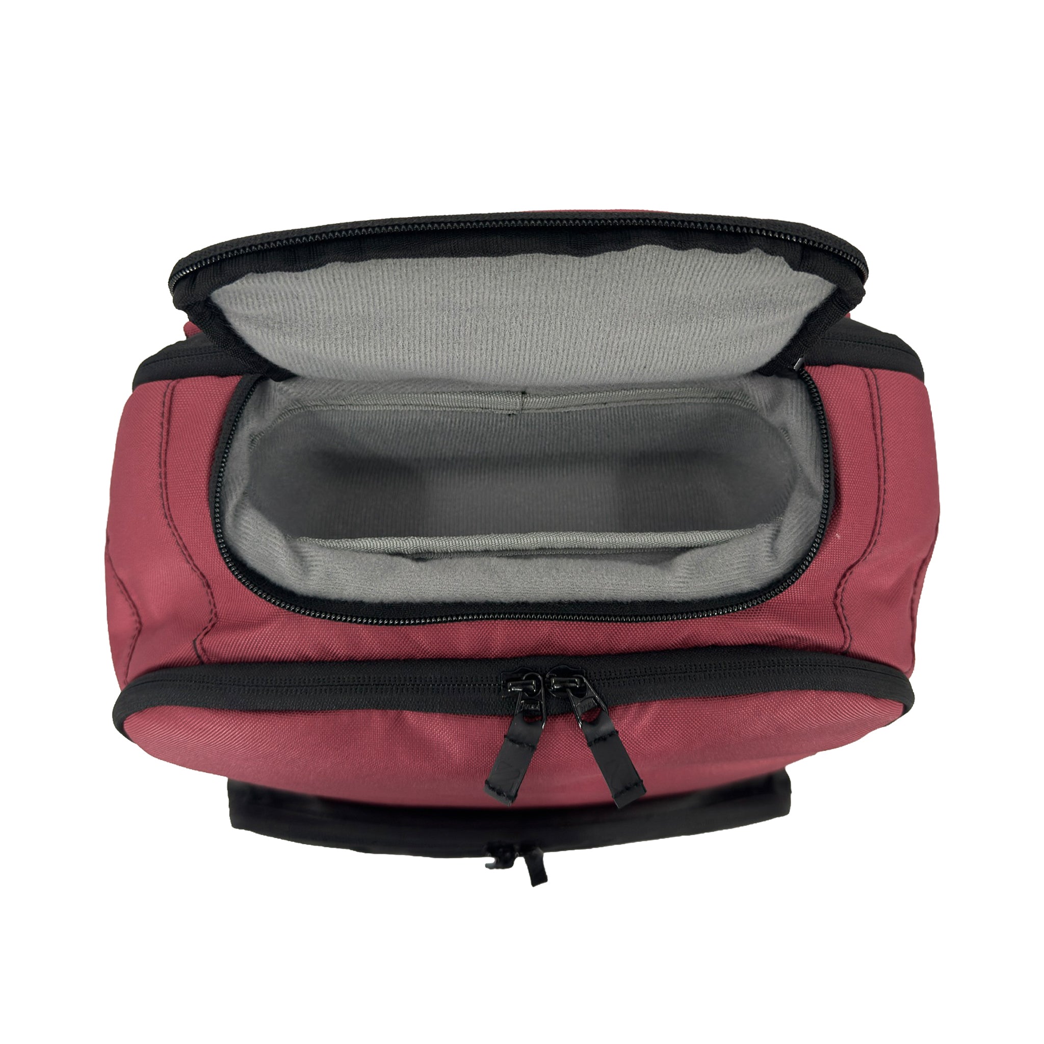 Maroon backpack showing top pocket with gray interior on a white background