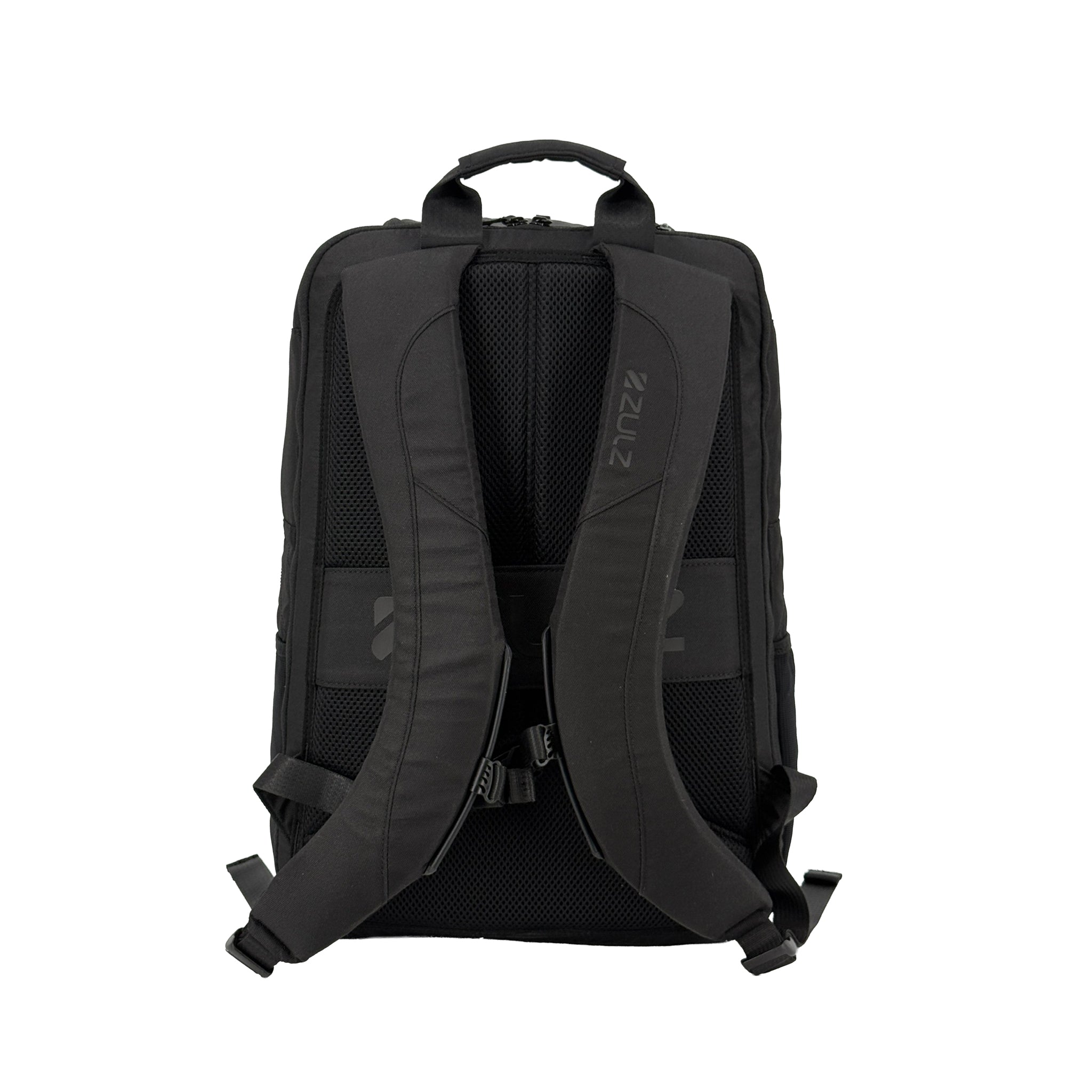 Black backpack with visible brand logo on a white background