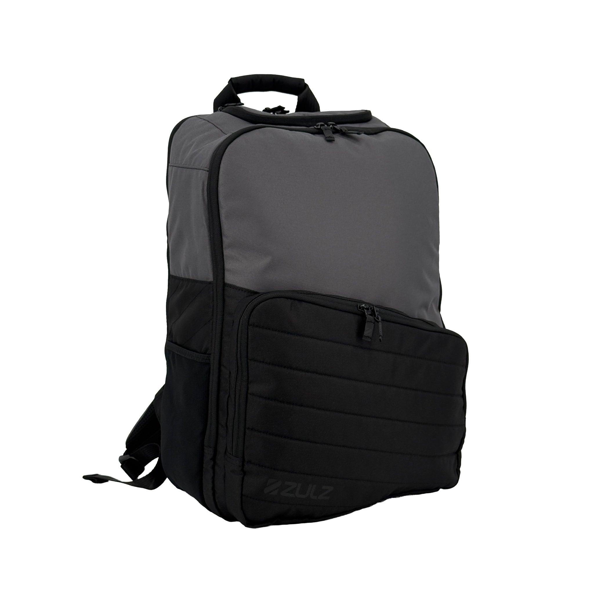 Gray and black backpack with a visible brand logo on a white background