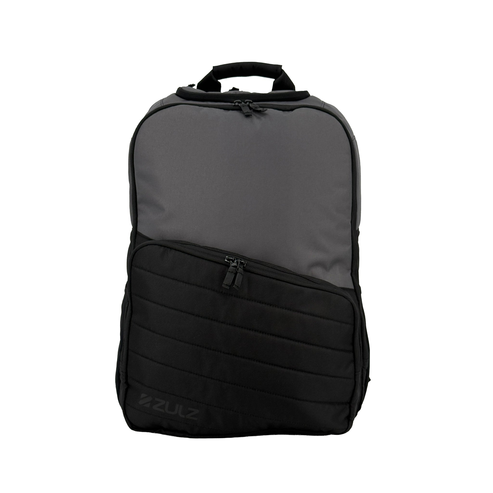 Gray and black backpack with Zulz branding on a white background
