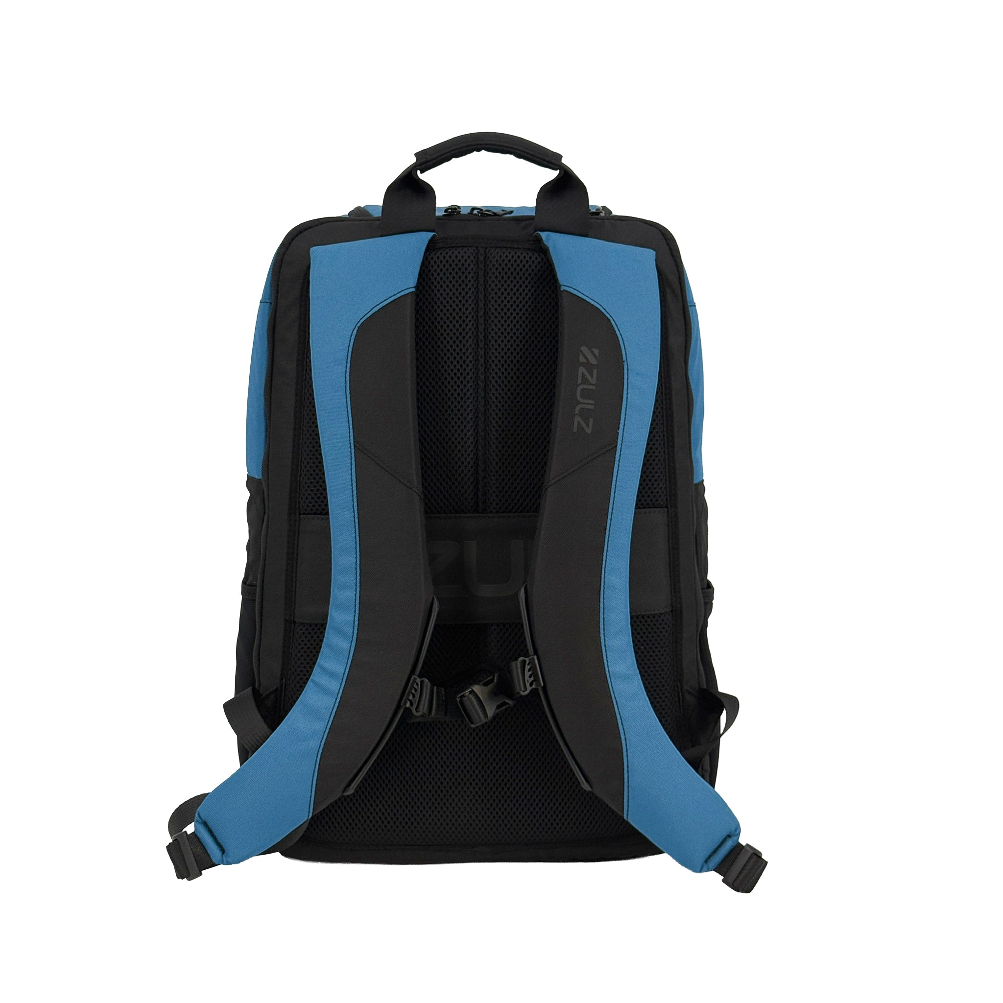 Black and blue backpack on a white background