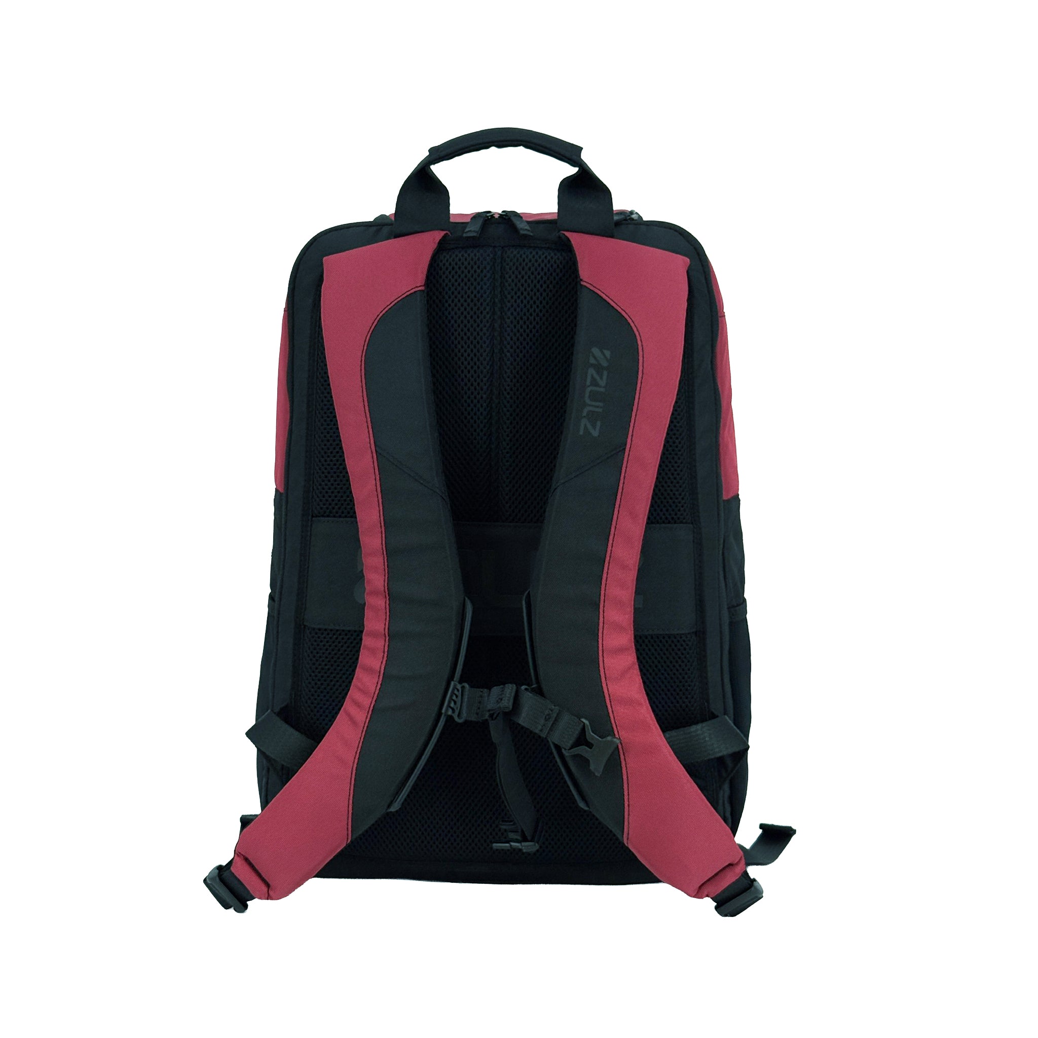 Backpack with red and black straps on a white background