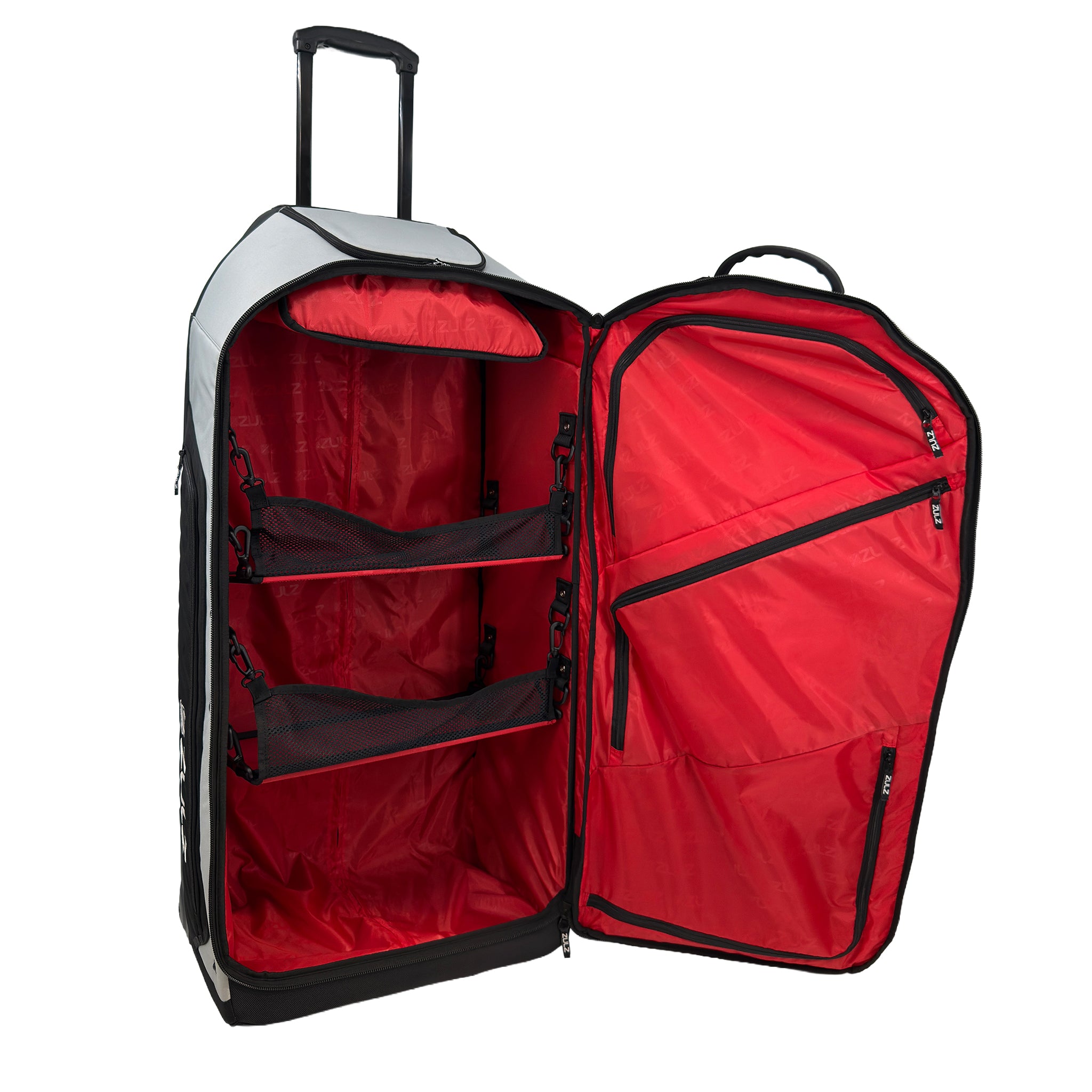 Light gray rolling gearbag open showing pockets and shelving on a white background