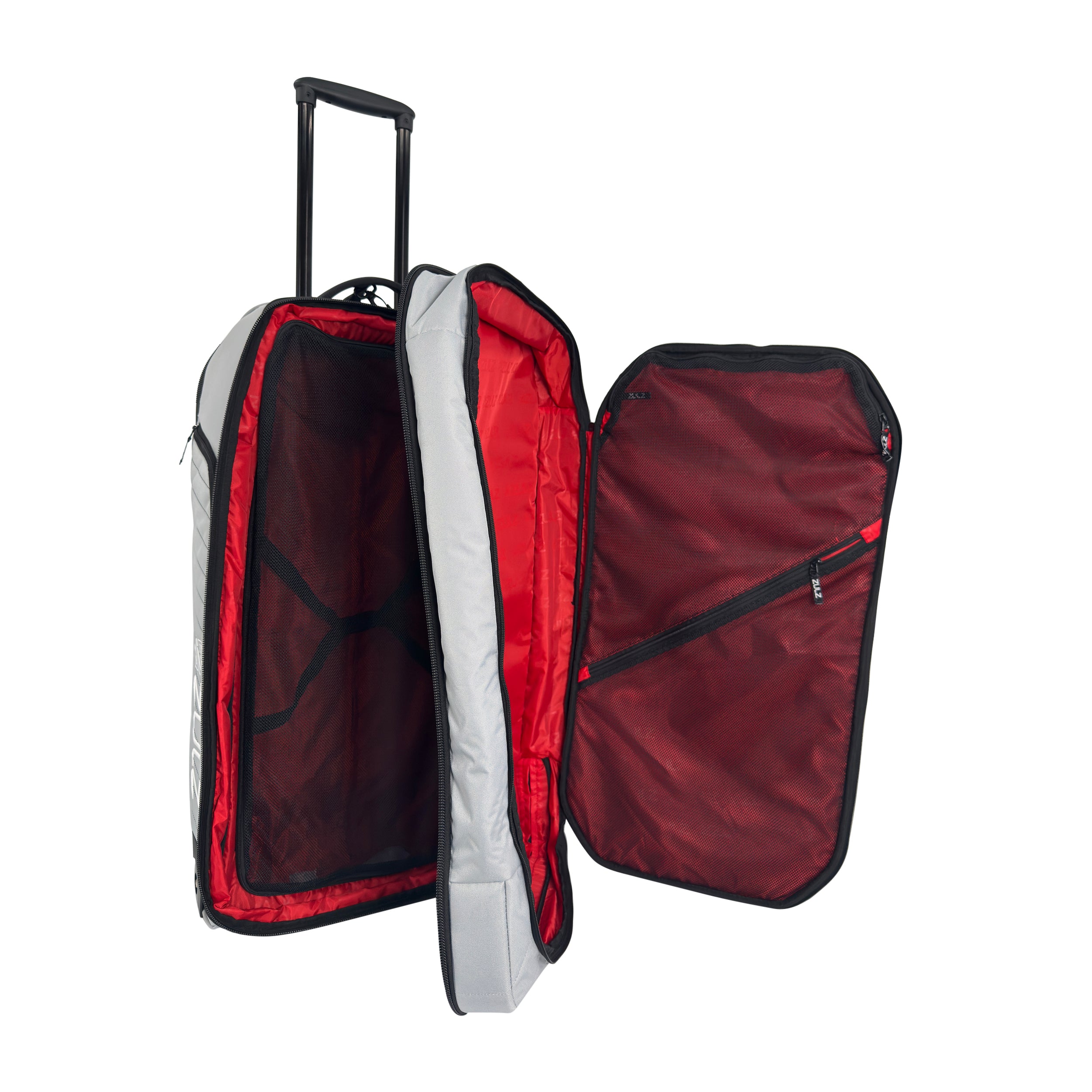 Open red and gray suitcase on a white background