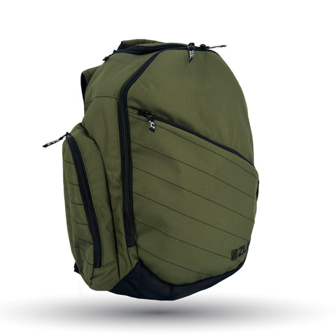 Military green premium versatile backpack with multiple compartments and padded shoulder straps.