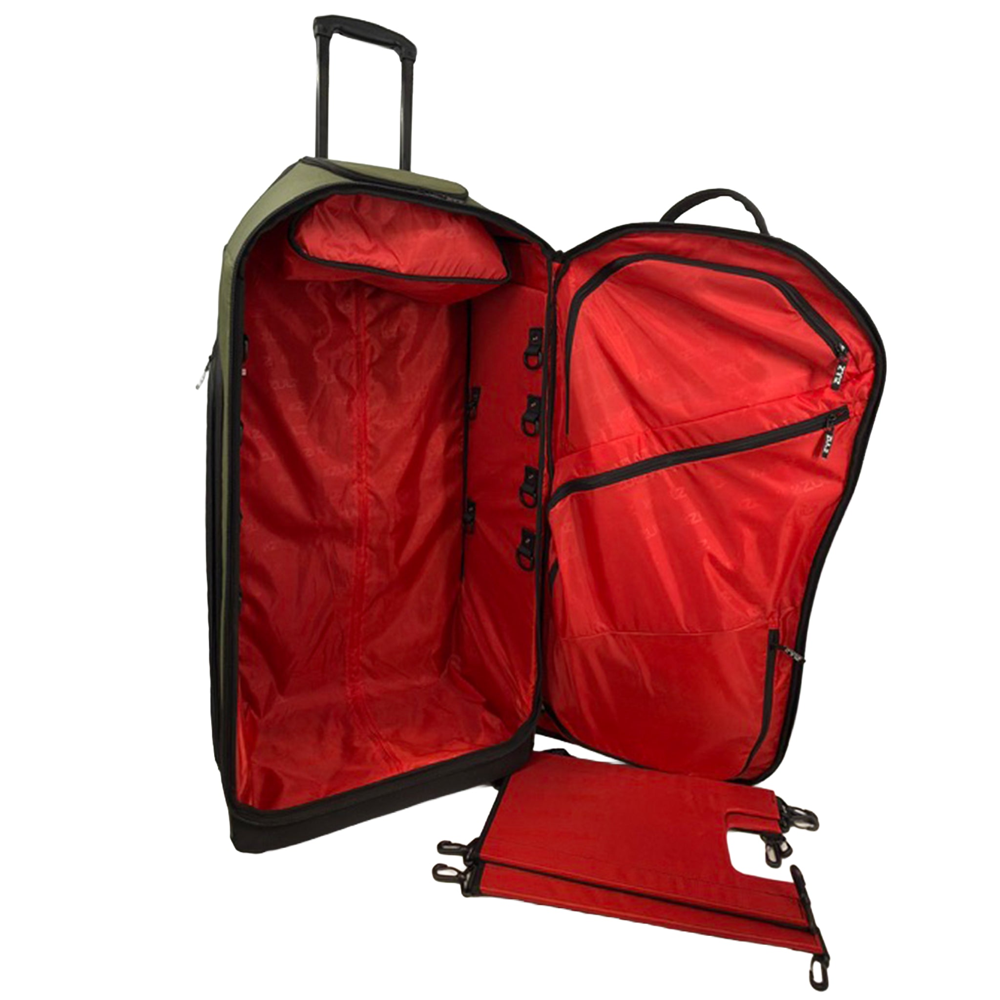 Military Green rolling gearbag open showing pockets and removable shelving on a white background