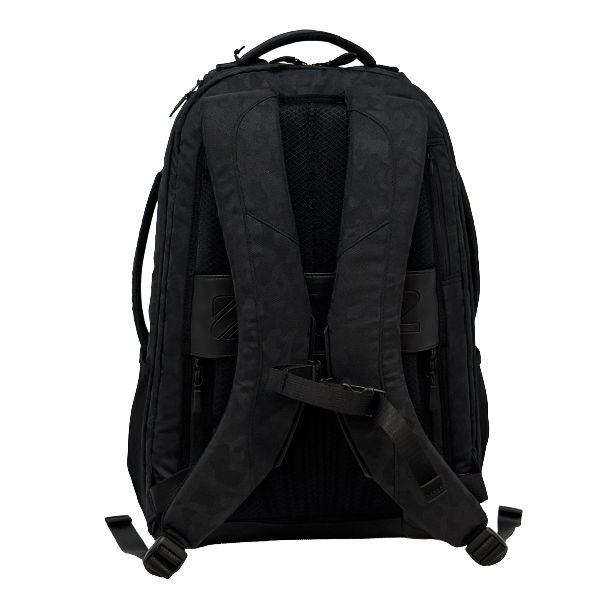 Black Camo backpack showing the back side of the bag on white background