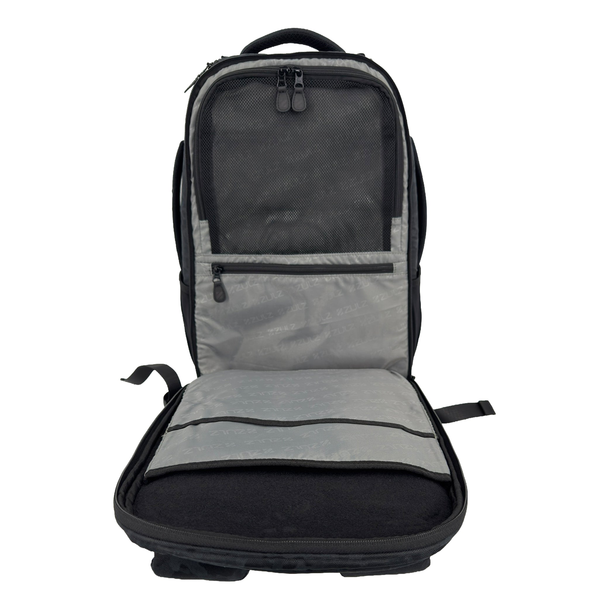 Black Camo bag showing laptop sleeve and organization pockets on white background