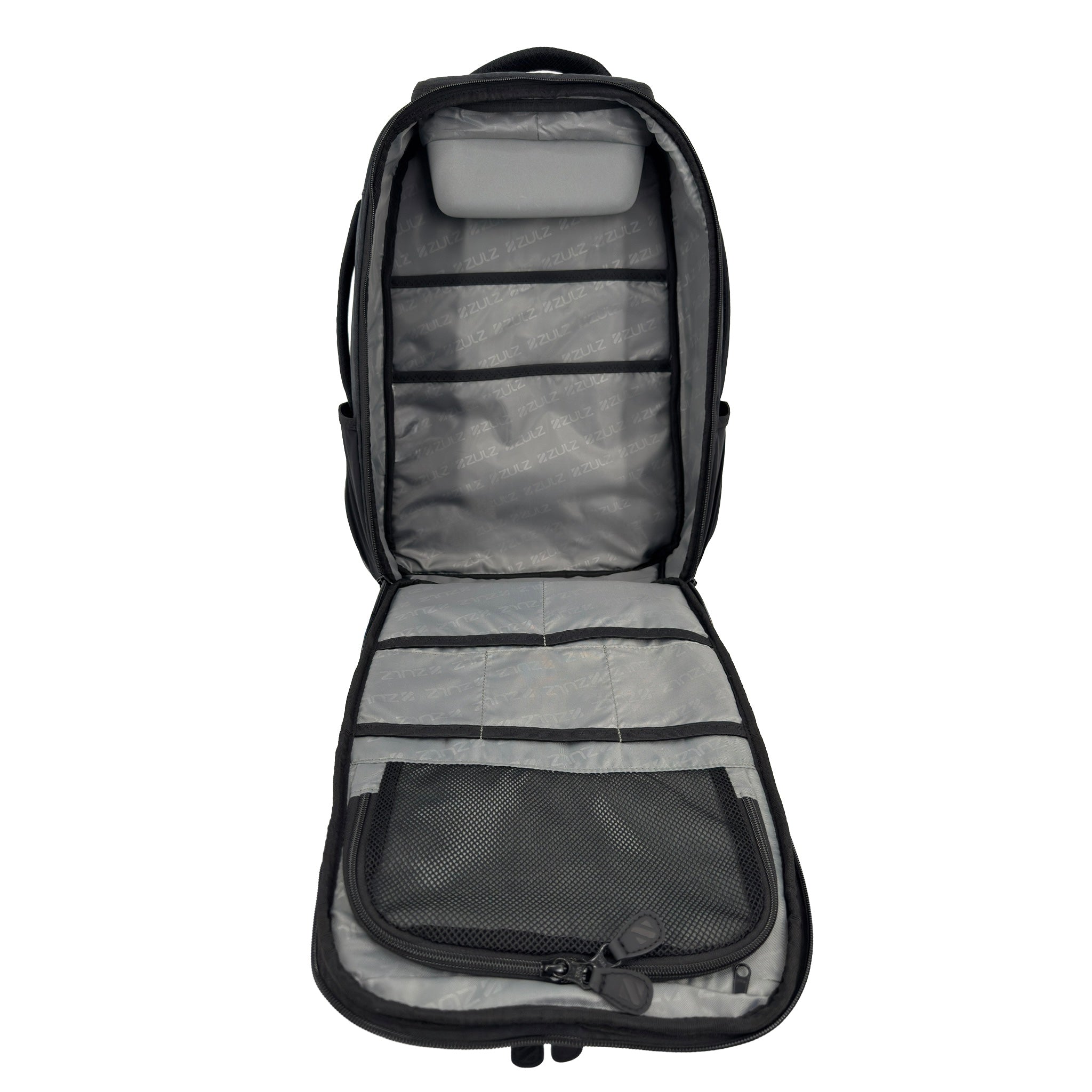 Black Camo main opening showing pockets and organization on white background