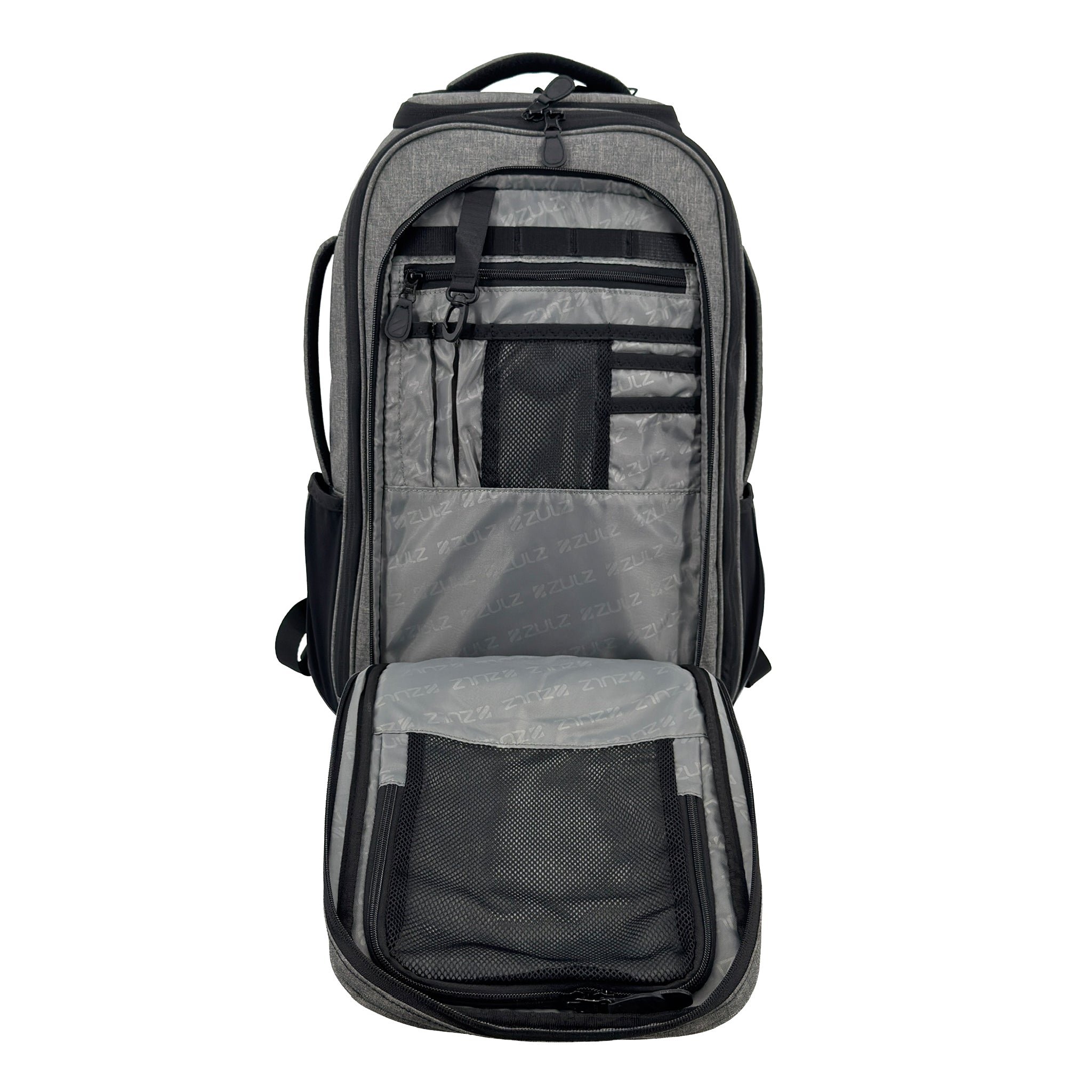 Charcoal Gray front pocket open showing pockets and organization on white background