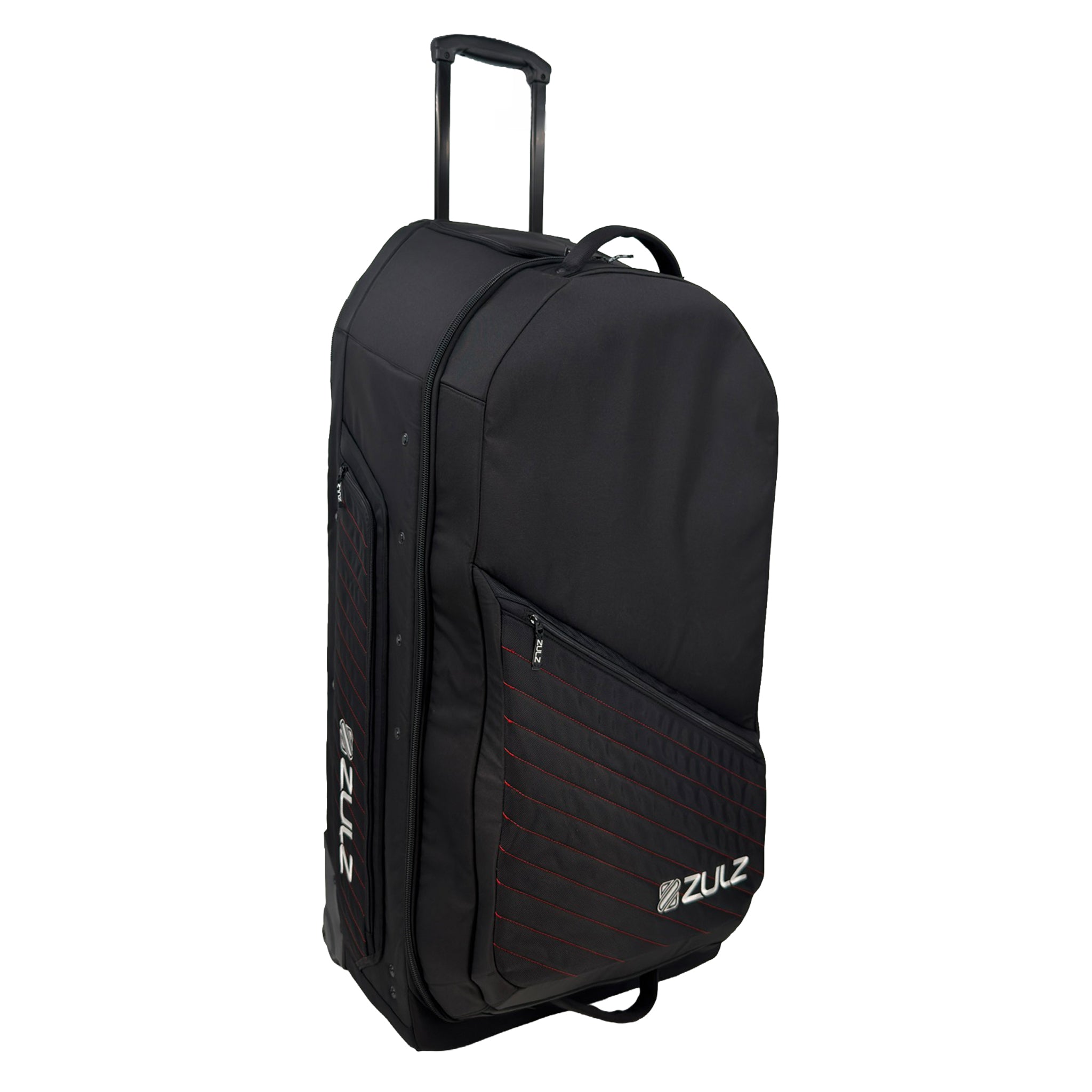 Black rolling gearbag with red accent stitching on a white background