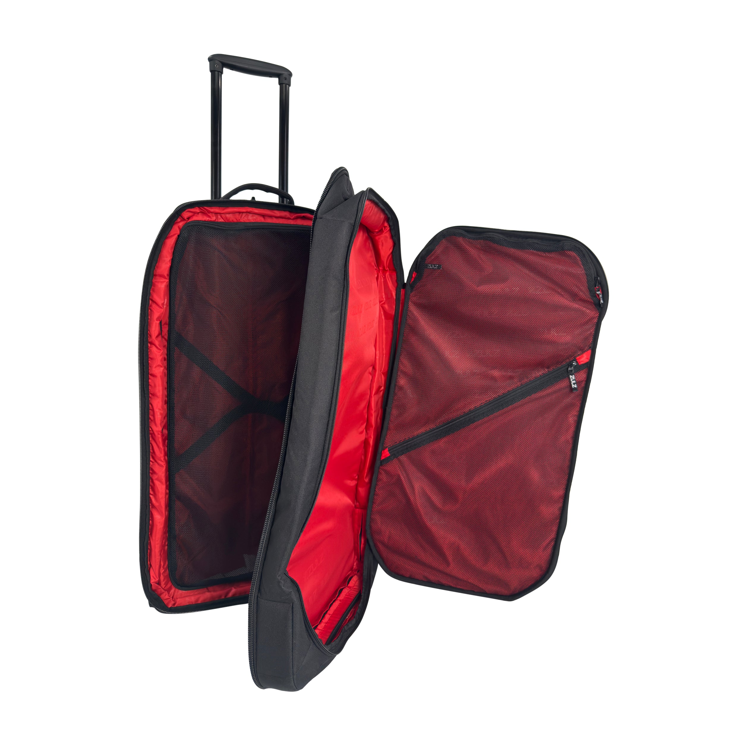 Black suitcase with red interior open suitcase on a white background