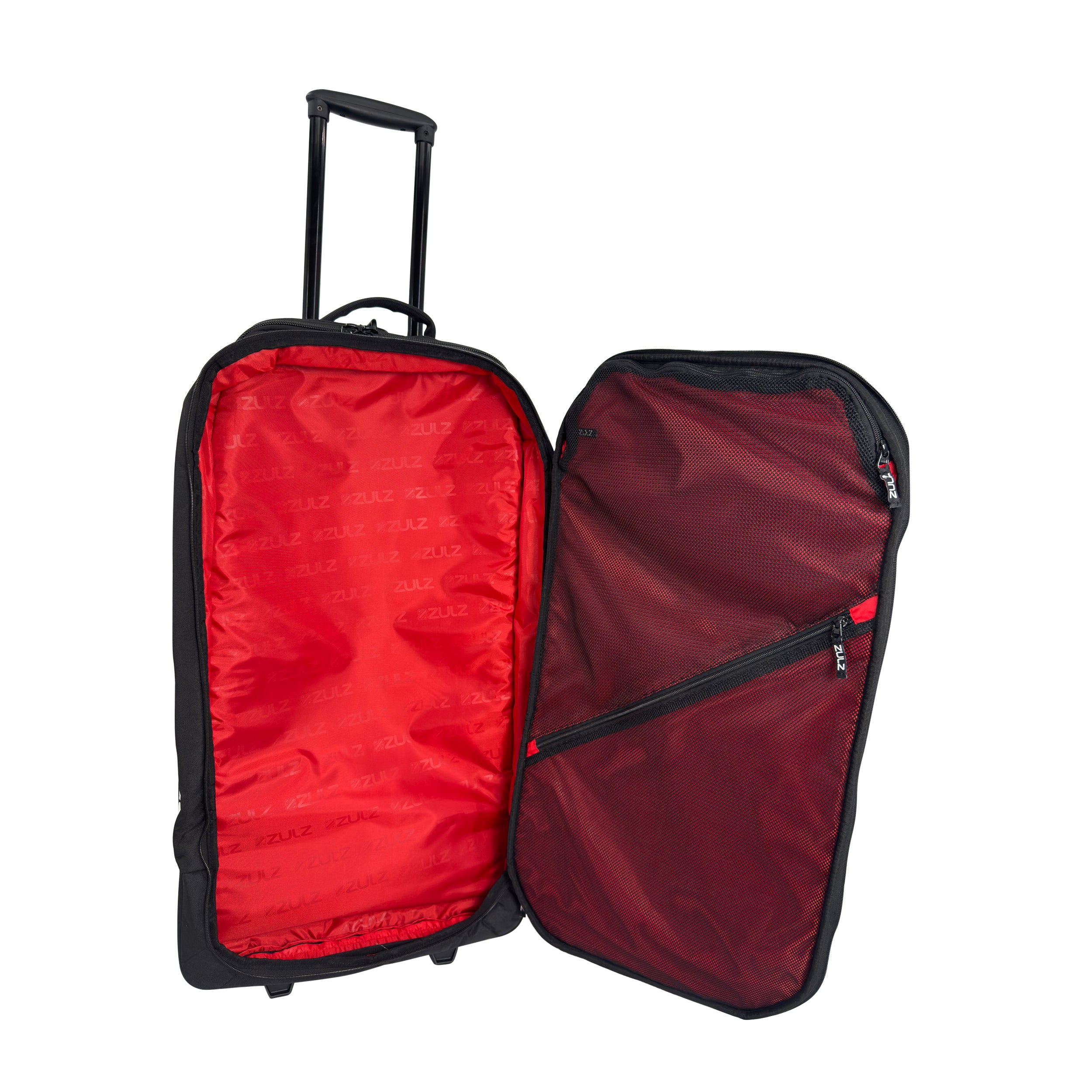 Black suitcase with red interior and handle on a white background