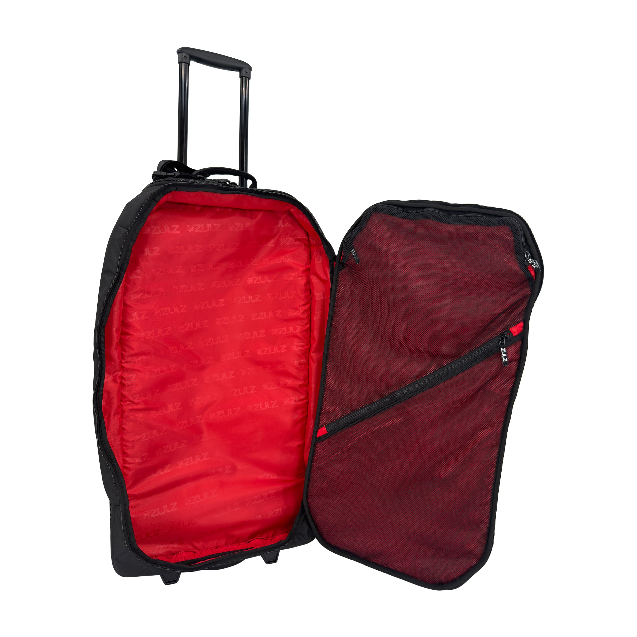 Open black suitcase with red interior on a white background