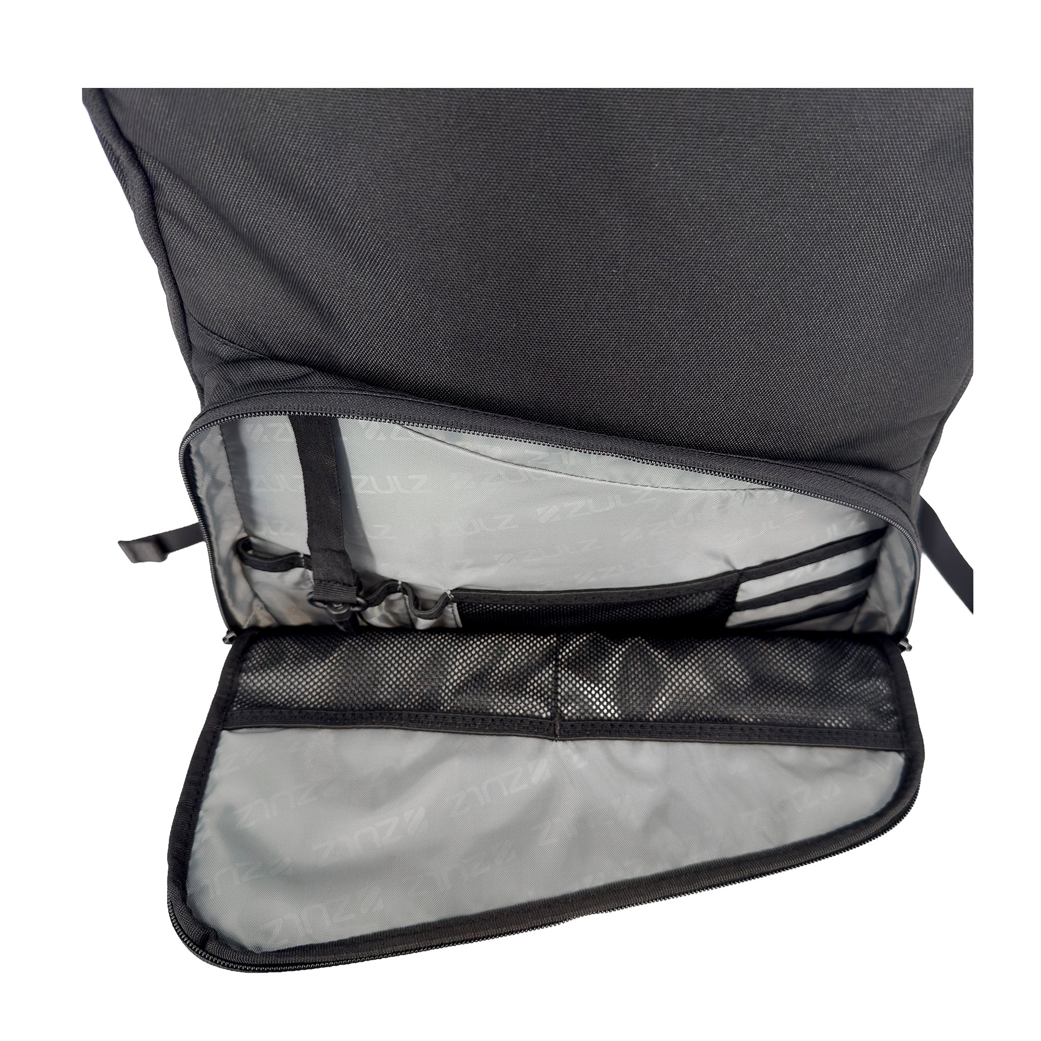 Black backpack with open front pocket showing a clear interior.