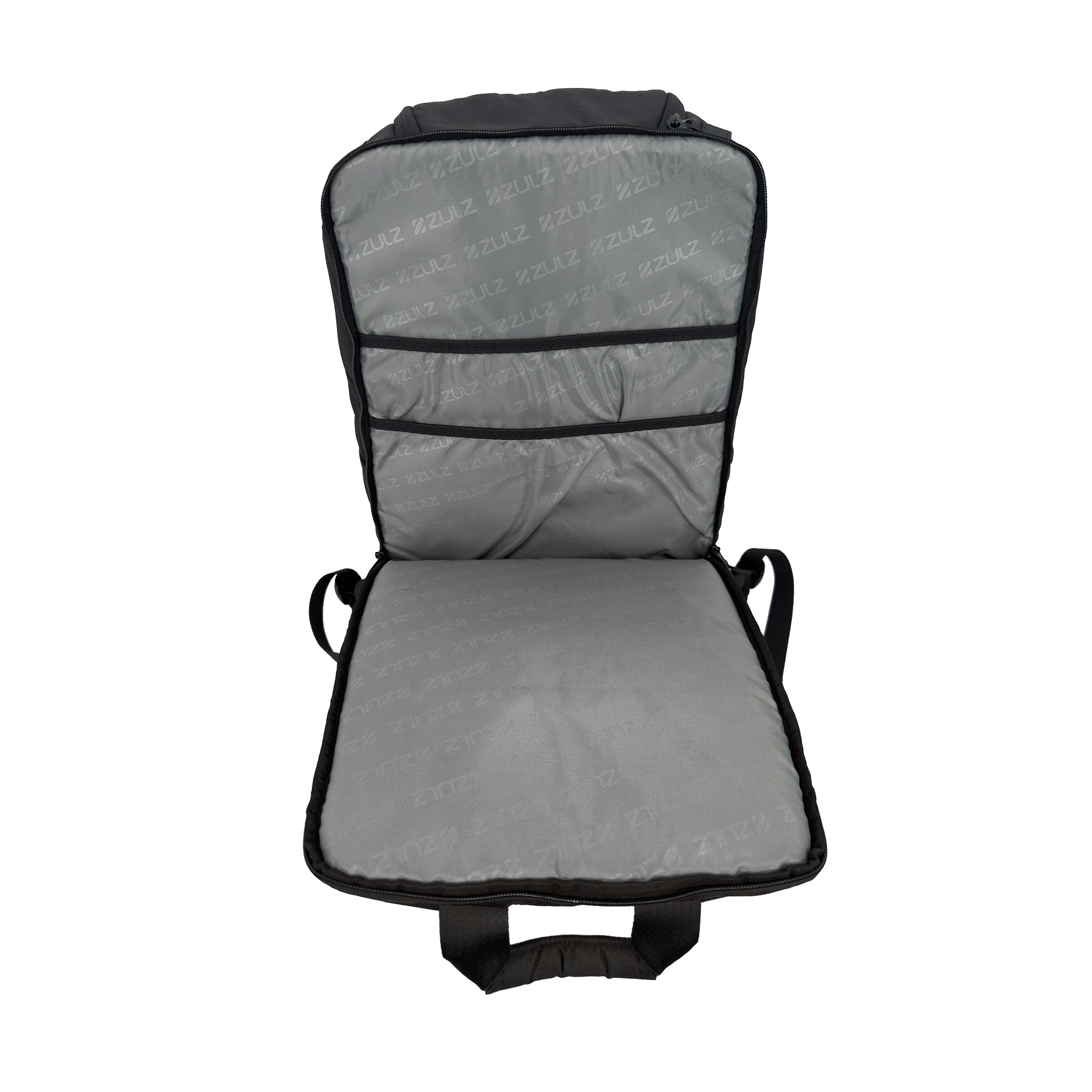 Black bag open showing gray liner and laptop sleeves