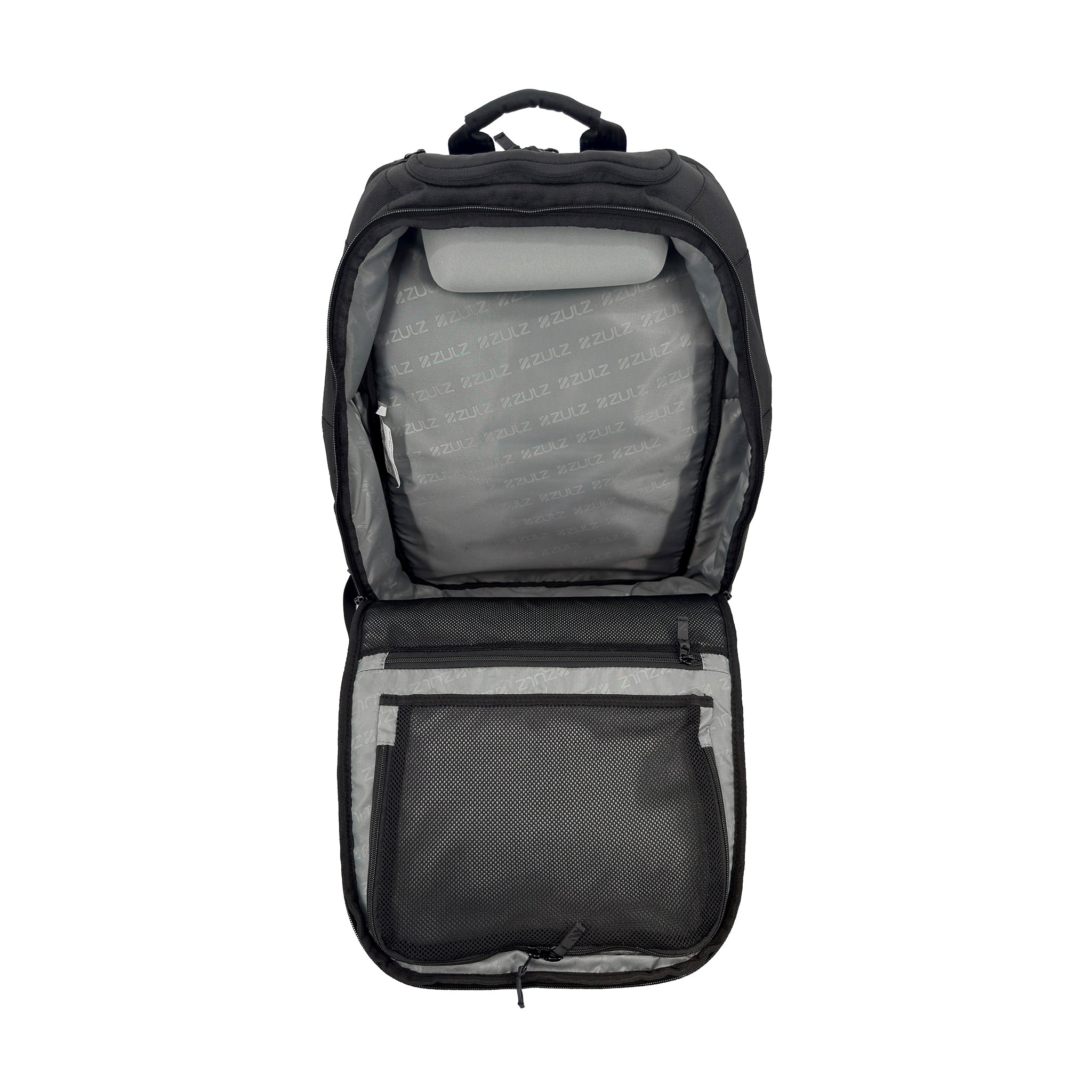 Black backpack with open front compartment on a white background