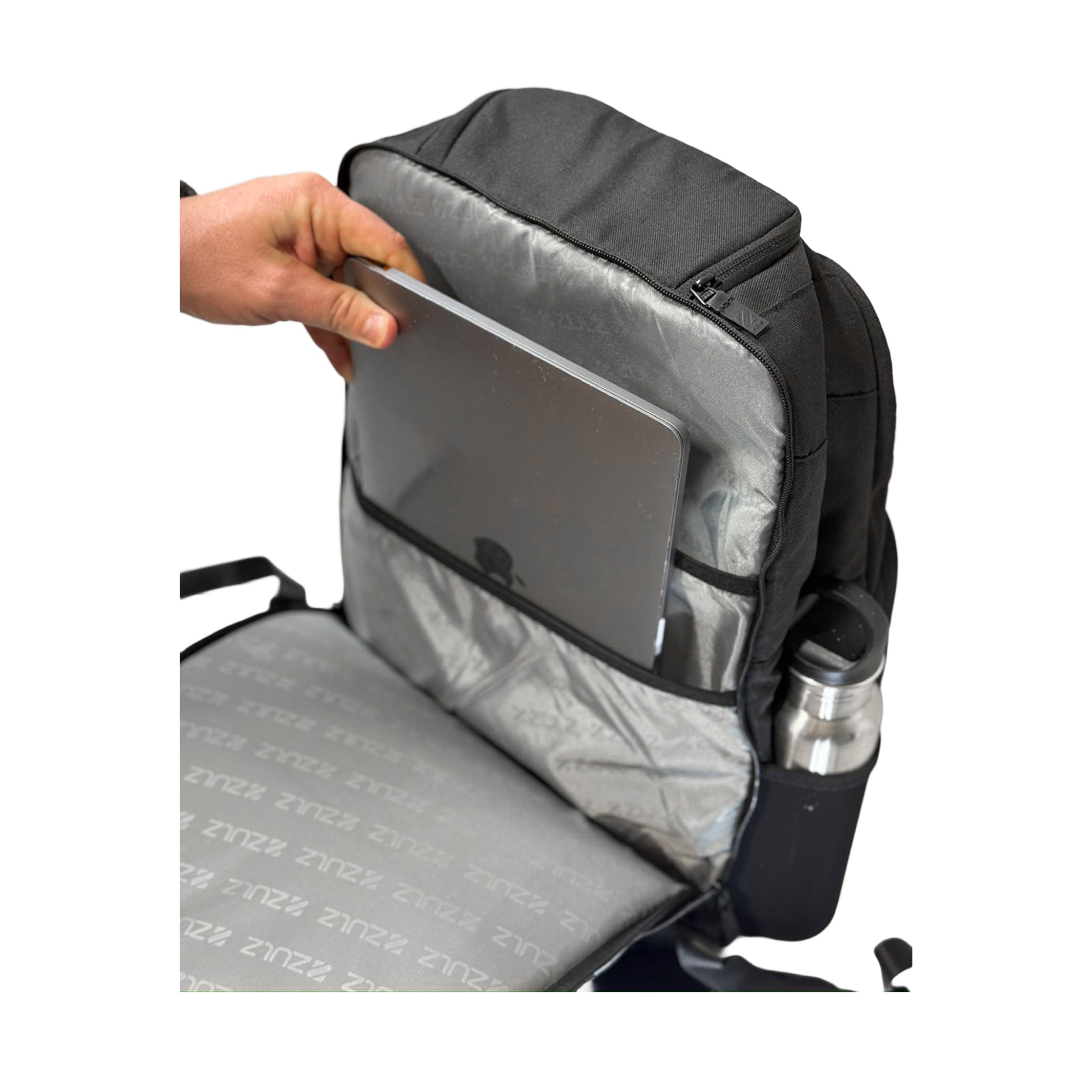 Black backpack with a laptop compartment on a white background