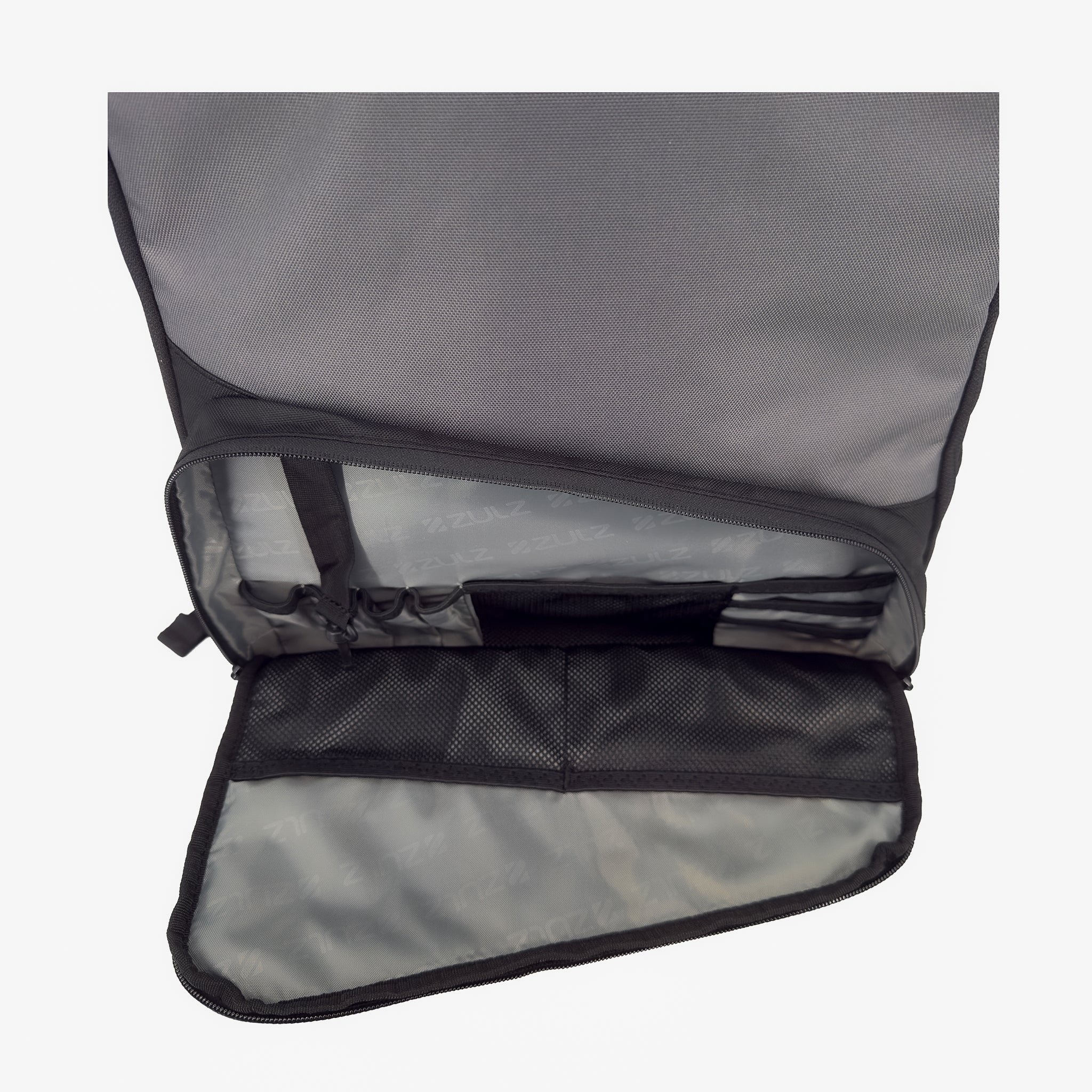 Gray backpack with mesh side panels on a white background