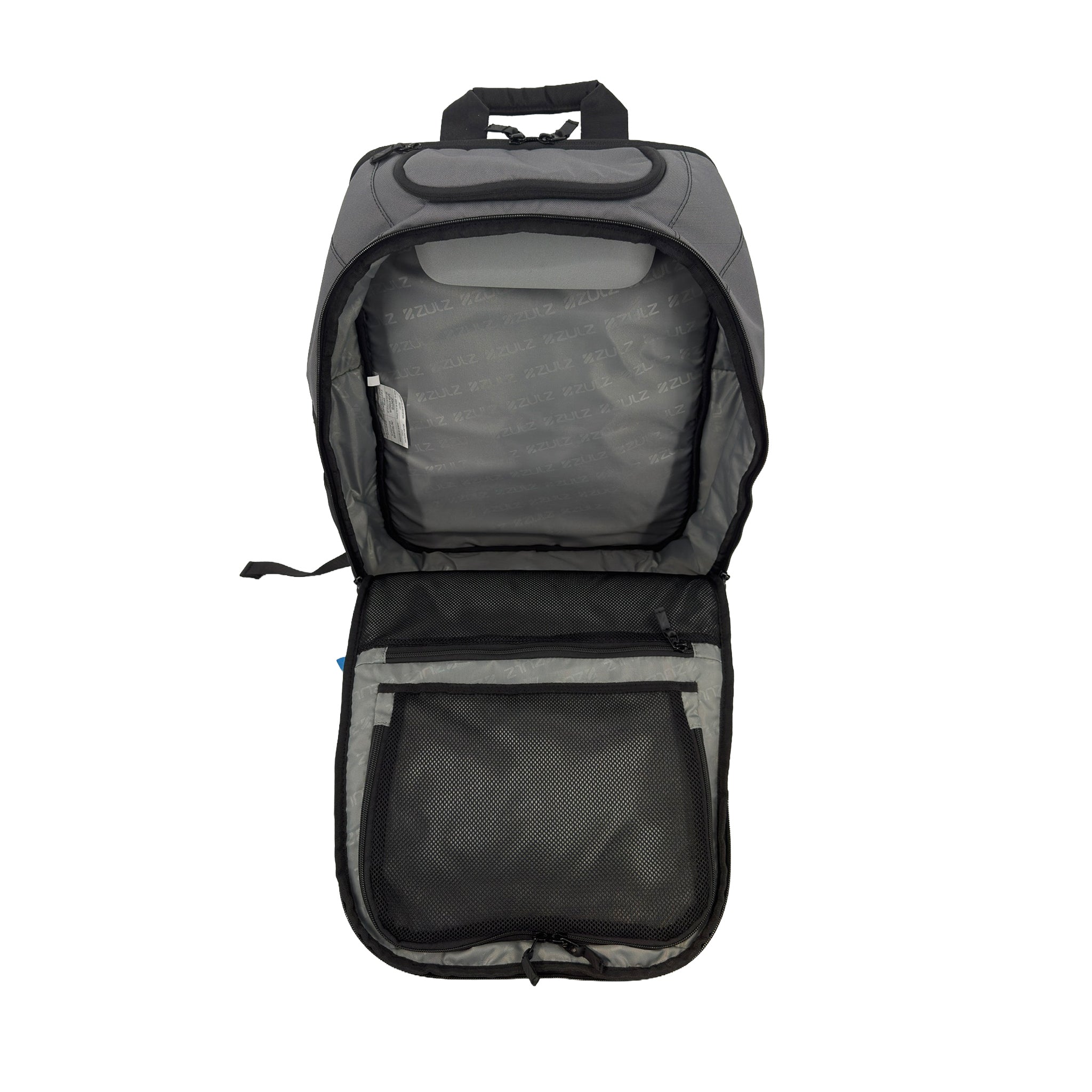 Gray backpack with main pocket open on a white background