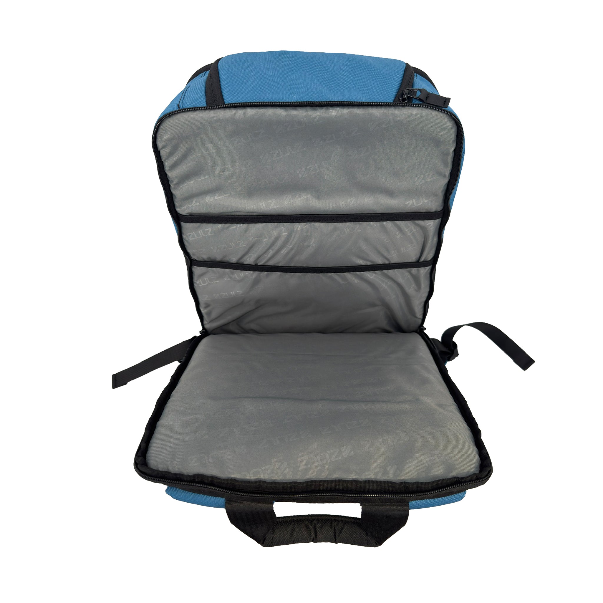 Blue backpack open showing laptop sleeves