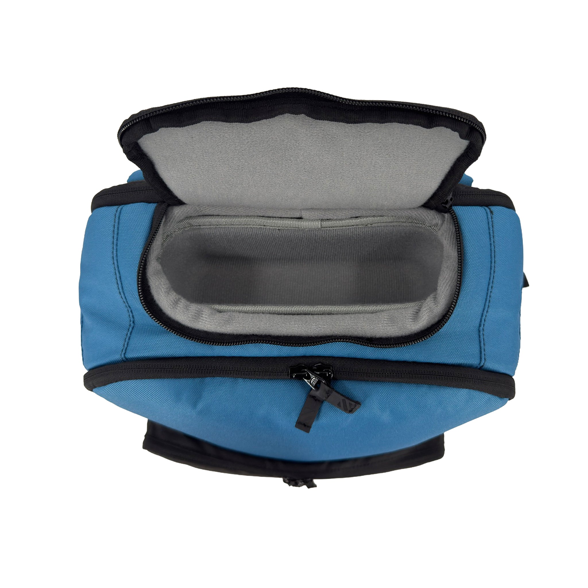 Blue bag with open top showing gray interior on a white background