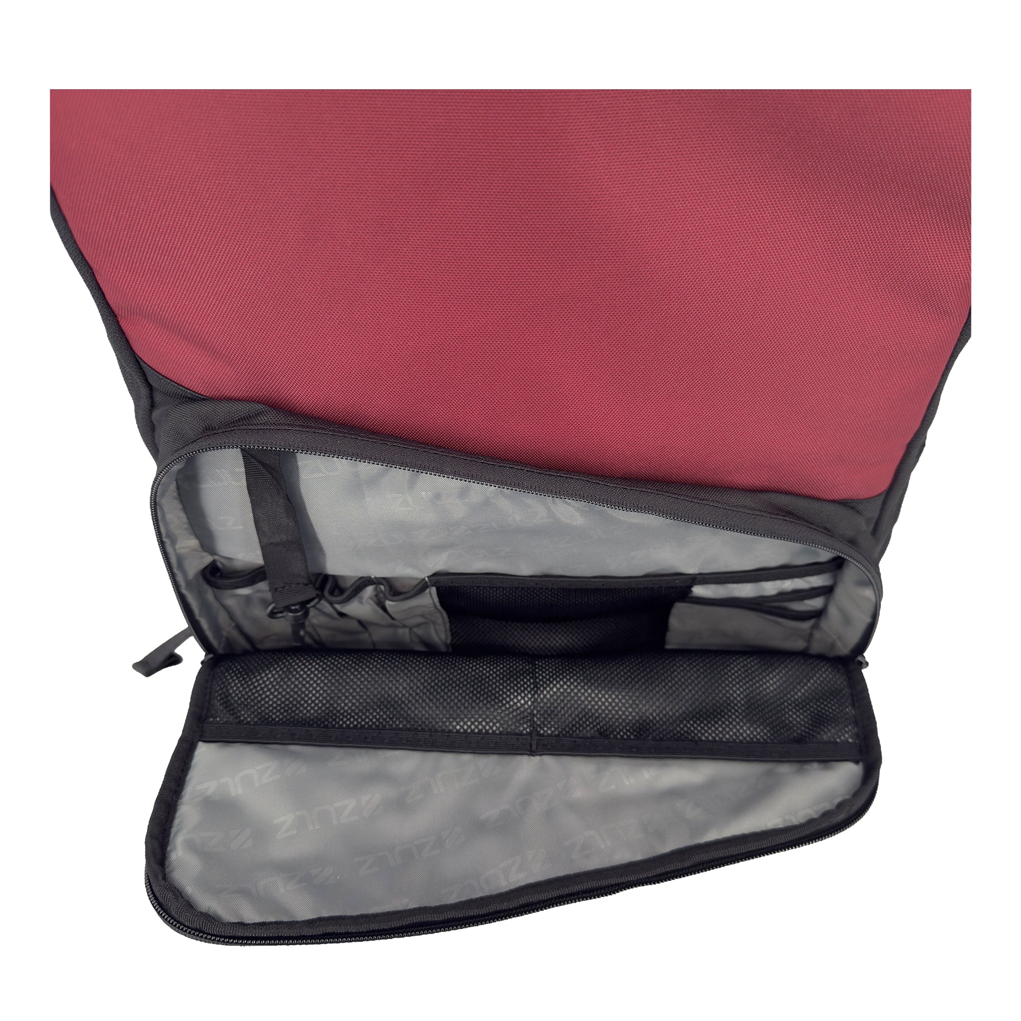 Maroon backpack with open front compartment on a white background