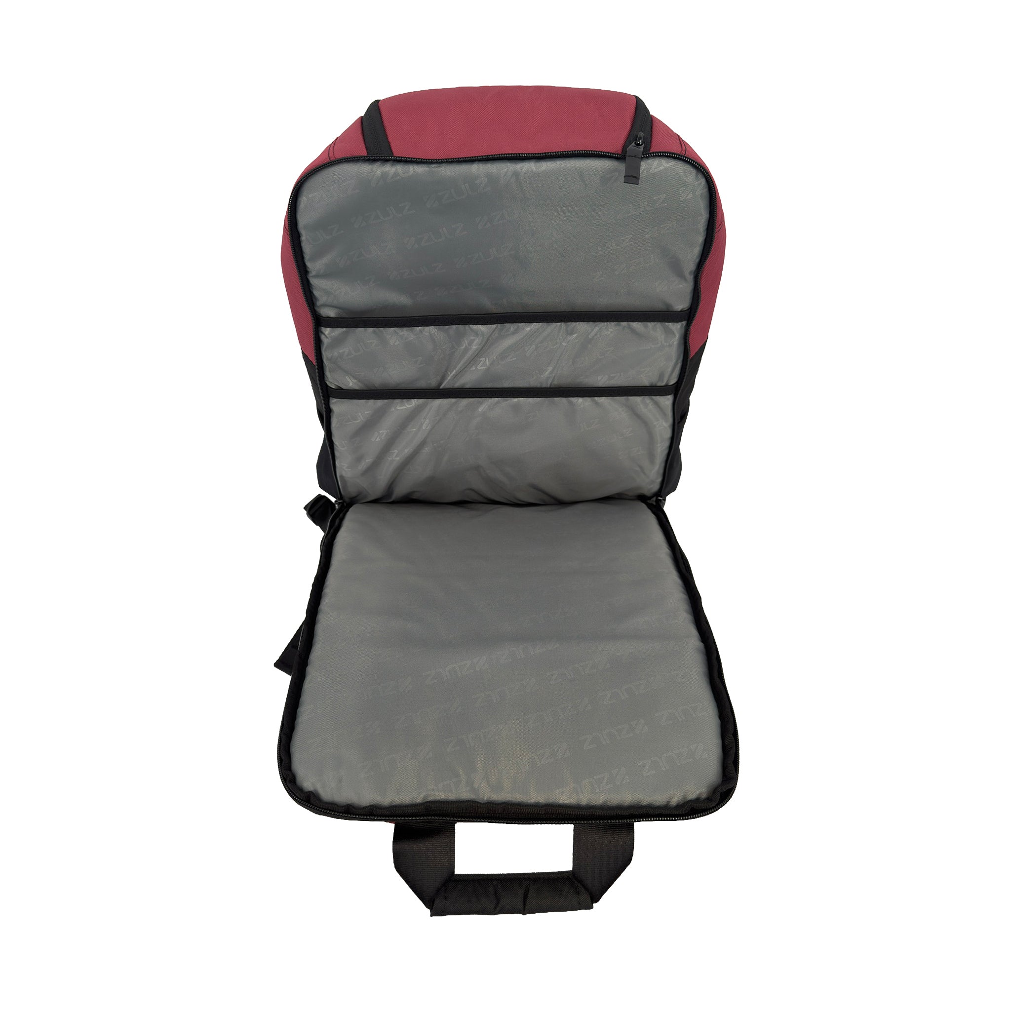 Maroon bag open showing laptop sleeves