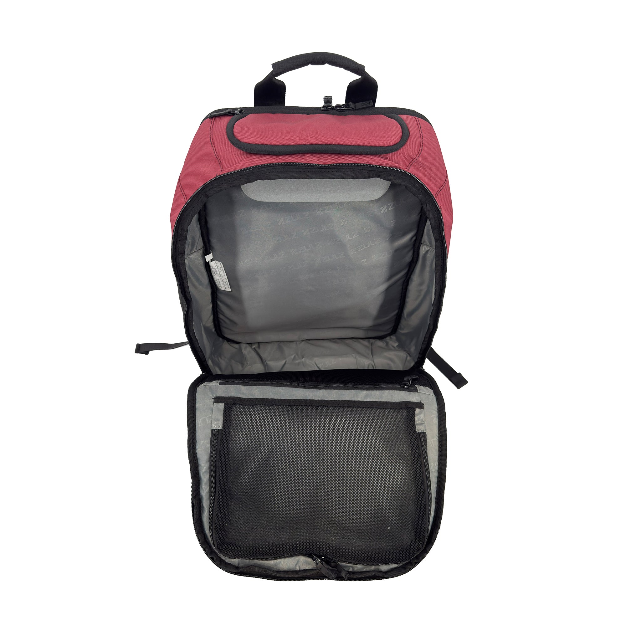 Maroon and black backpack with open main compartment on a white background