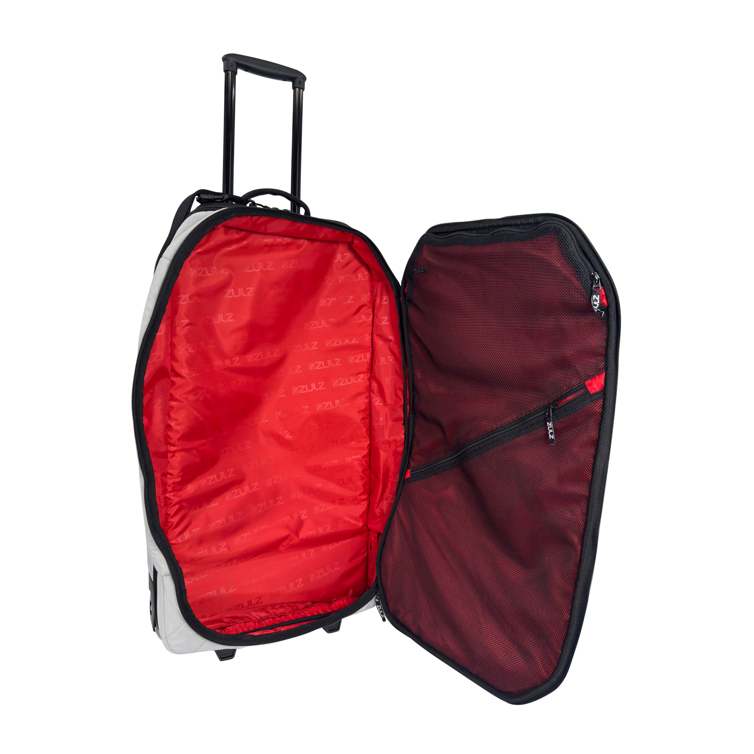 Open red and gray suitcase on a white background