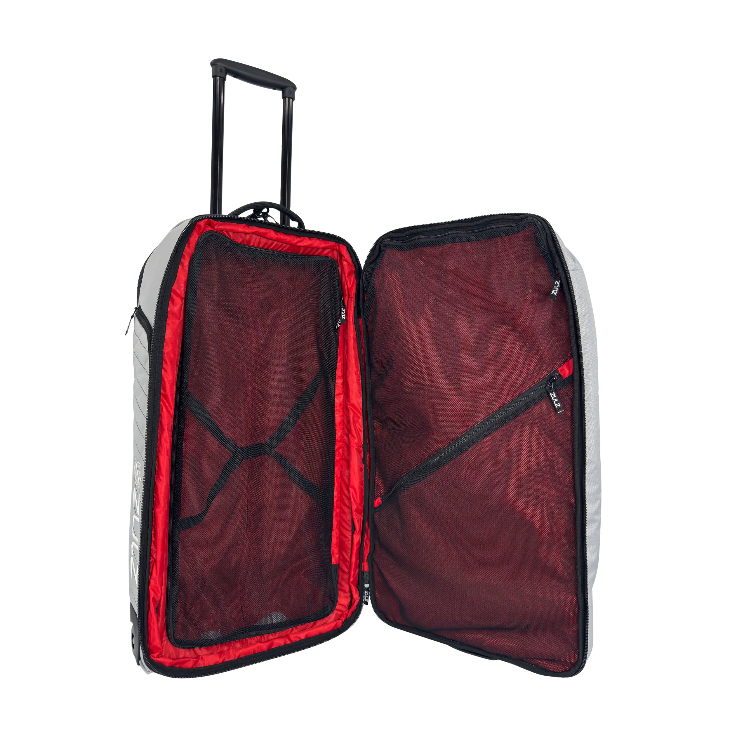 Open red suitcase with a red interior and mesh pockets on a white background