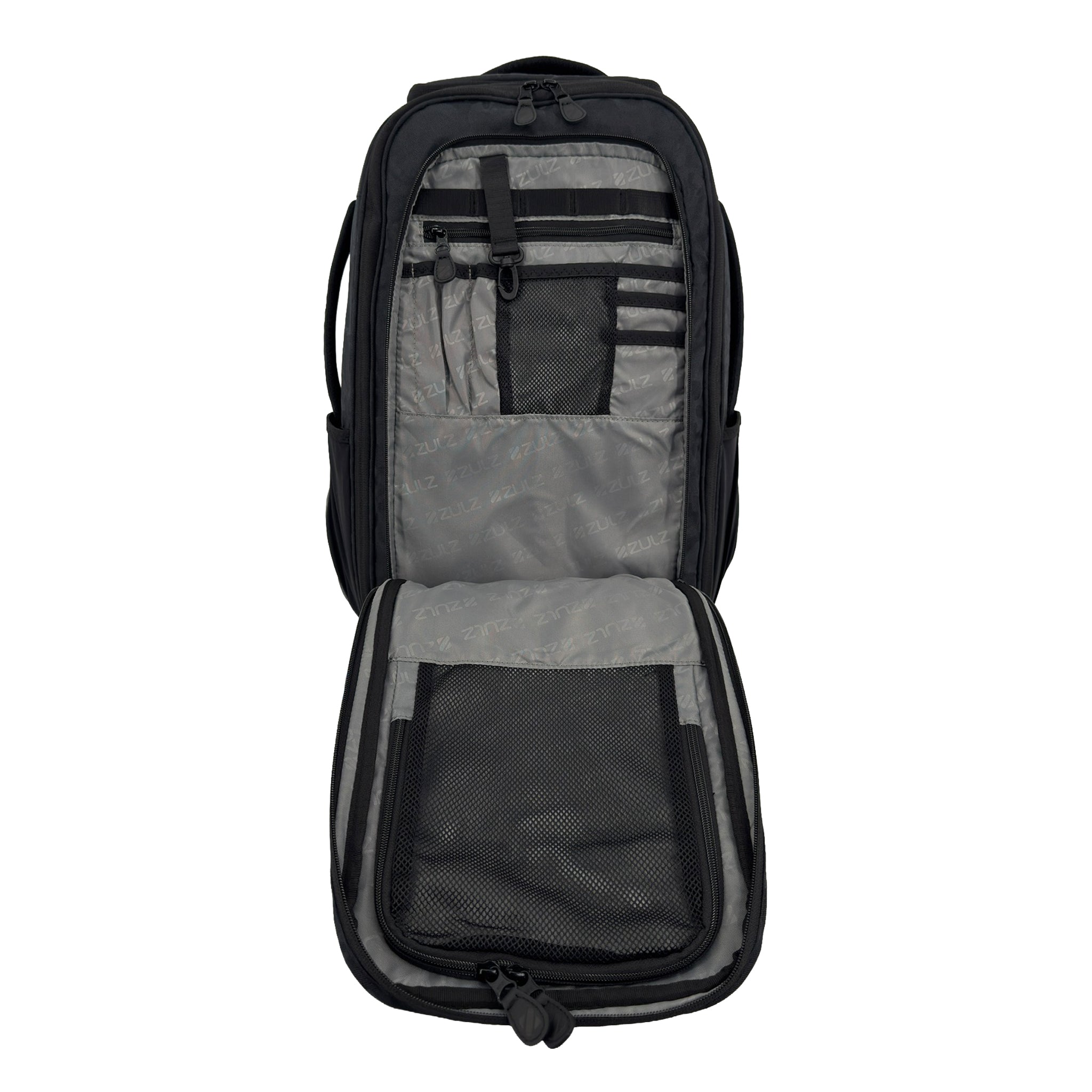 Black Camo front pocket open showing multiple pockets and organization on white background