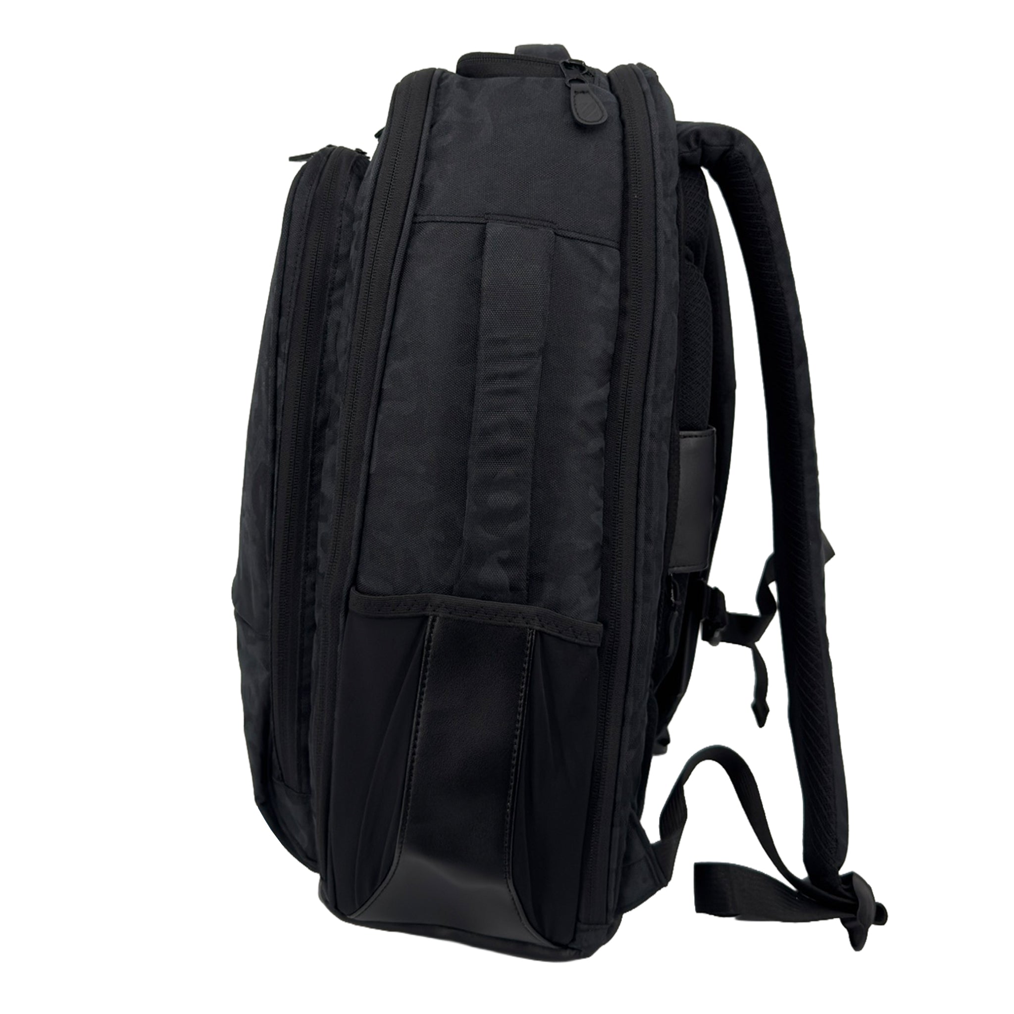 Black Camo backpack from the side on white background