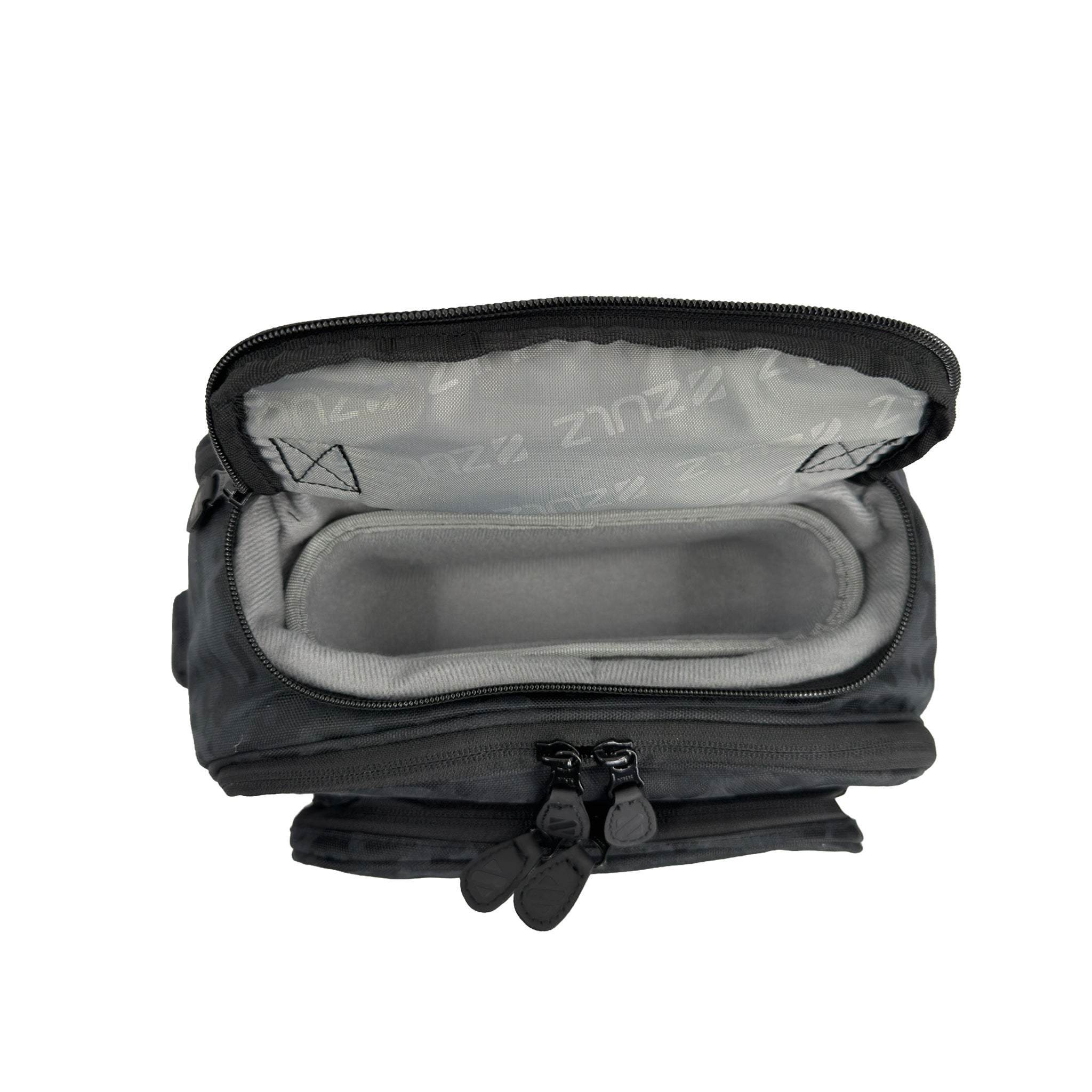 Black Camo backpack showing top hard pocket for protecting sunglasses and valuables on white background