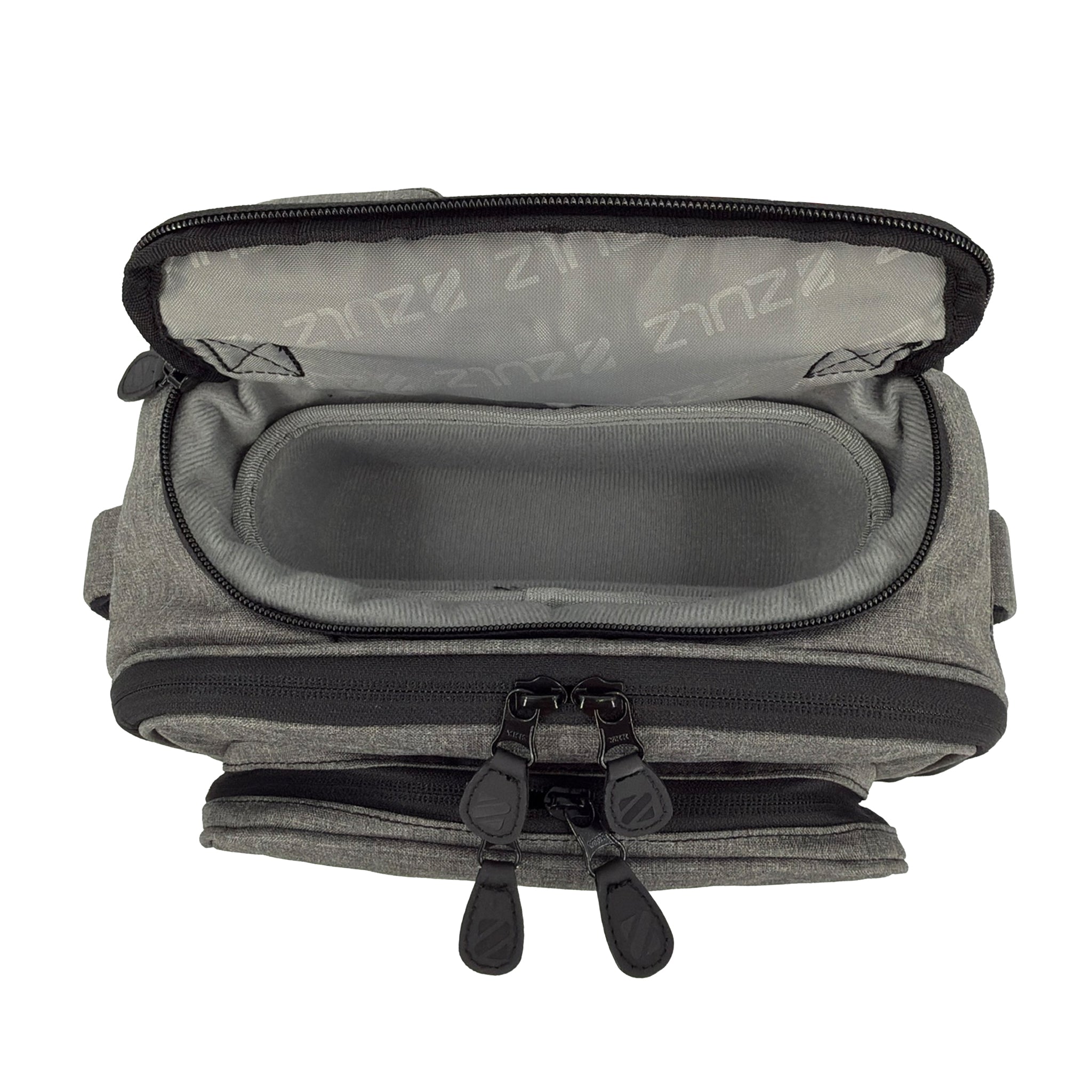 Gray bag showing top hard pocket for sunglasses and other valuables on a white background