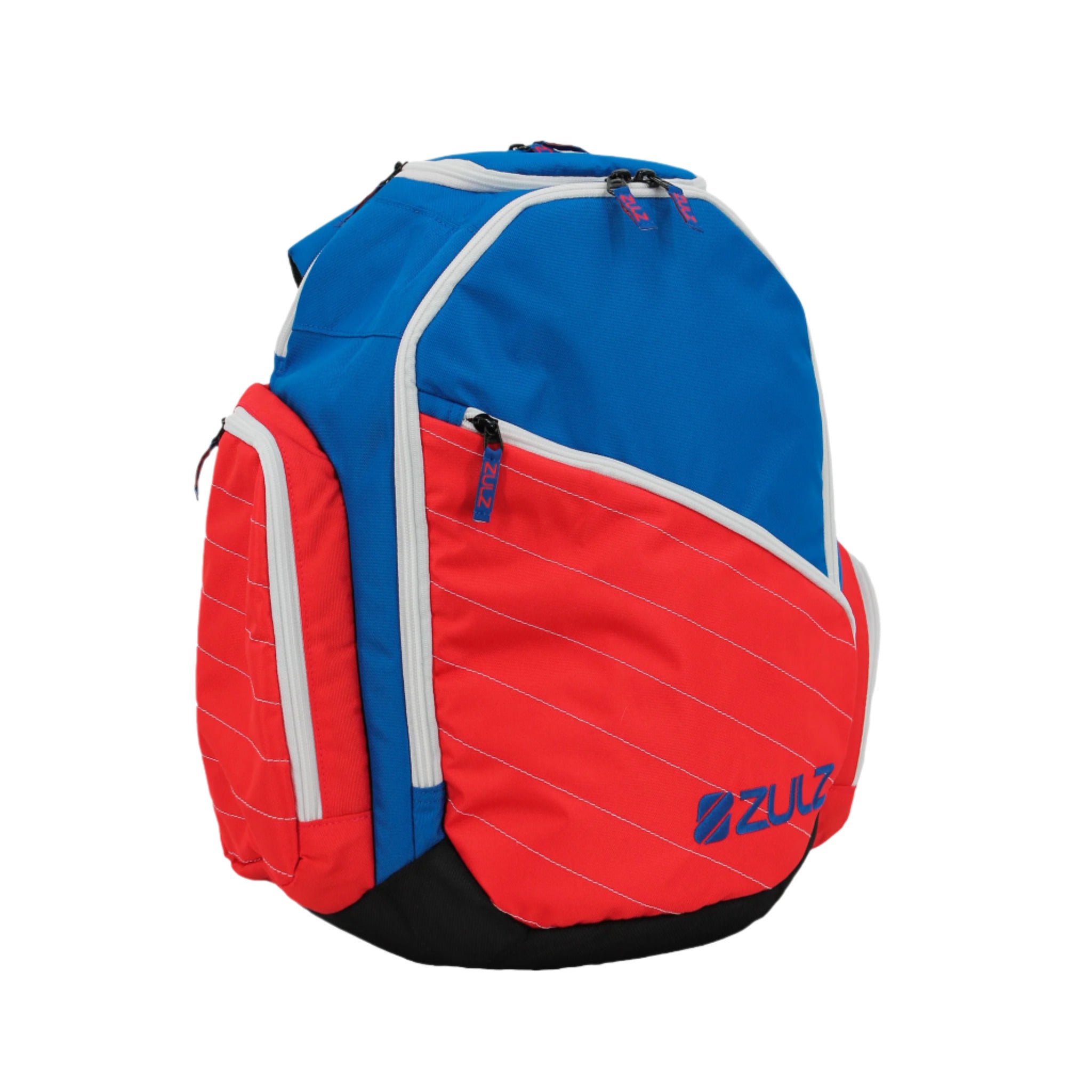 Red, white and blue premium versatile backpack with multiple compartments and padded shoulder straps.