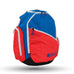 Red, white and blue premium versatile backpack with multiple compartments and padded shoulder straps.